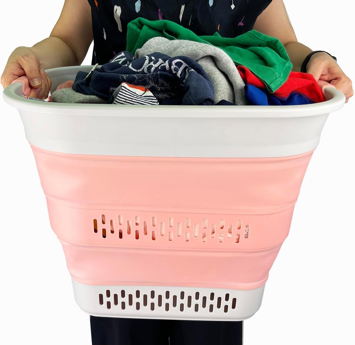 SAMMART 40L (10.5 Gallon) Collapsible Plastic Laundry Basket - Foldable Pop Up Storage Container/Organizer - Portable Laundry Hamper - Space Saving (1, Grey/Quartz Pink)