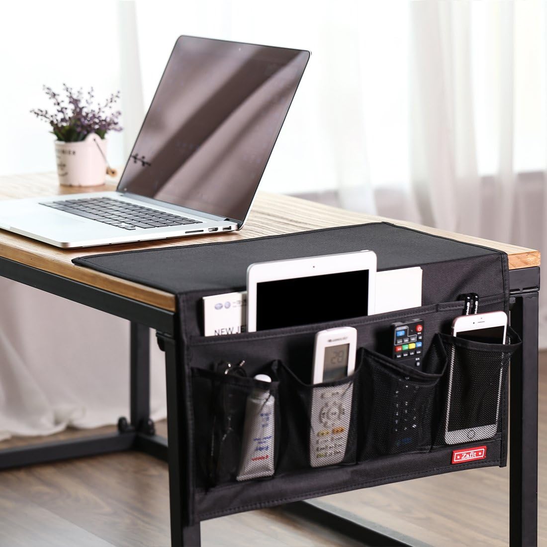 Bedside Storage Organizer - 6 Pockets, Table Cabinet Caddy for Remotes, Phone, Glasses (Black)