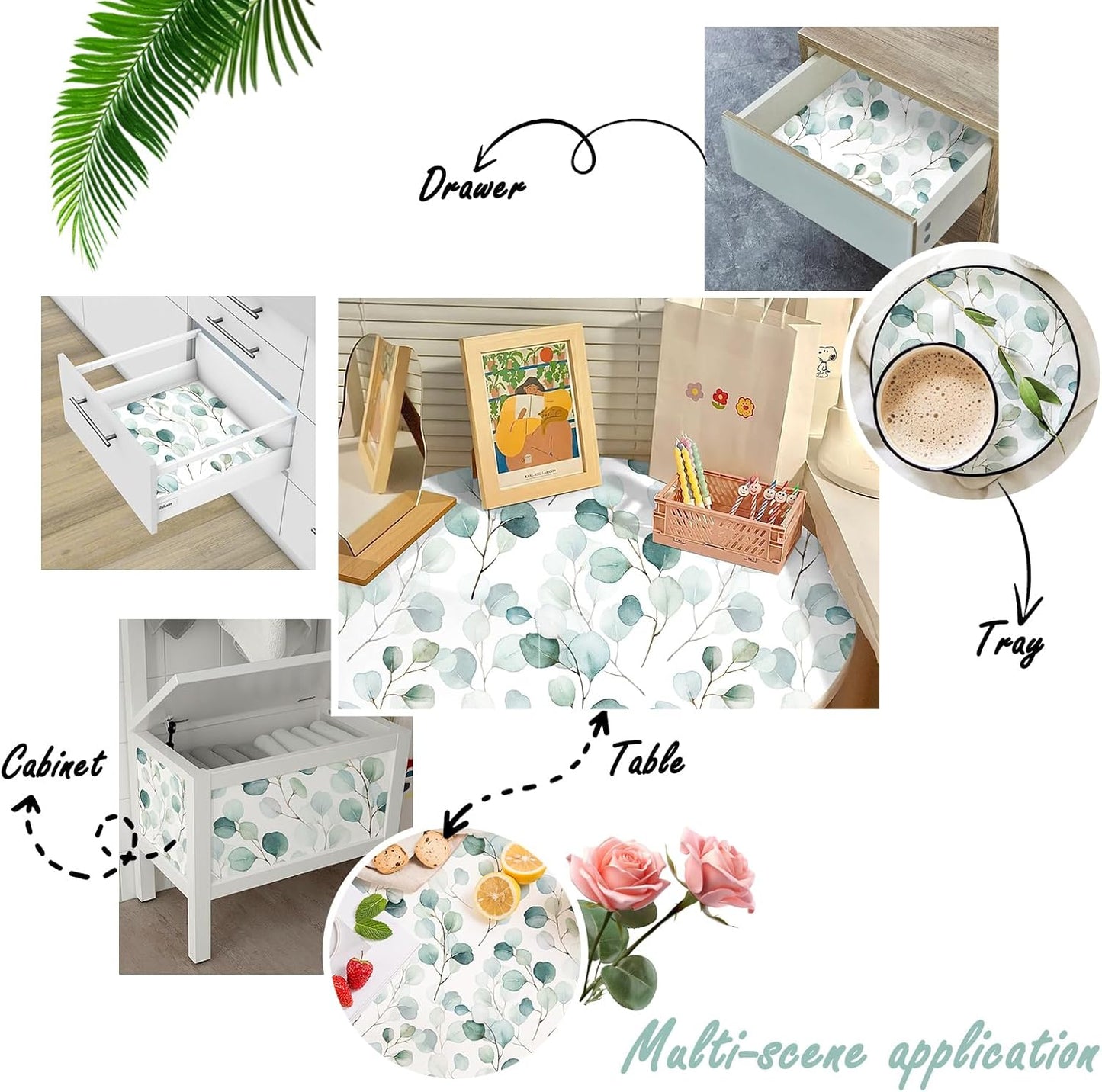HAOKHOME Shelf Liner and Cabinet Liner Boho Leaf, Self-Adhesive Drawer Liners, Peel and Stick Contact Paper for Kitchen Cabinets and Cupboard, Bathroom Drawers, Green/White 17.3in x 6.5ft