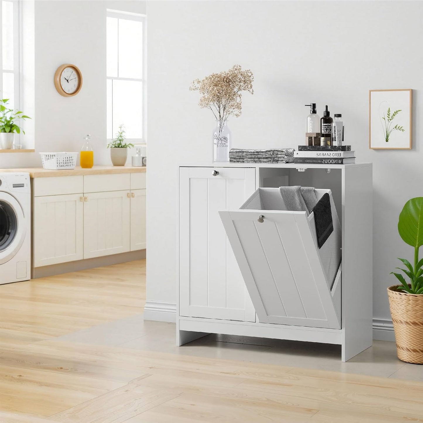 Double Tilt Out Laundry Hamper Cabinet with 2 Baskets, Laundry Cabinet, White, 12.99" D×25.98" W×26.81" H, 2 × 5.9 Gallon