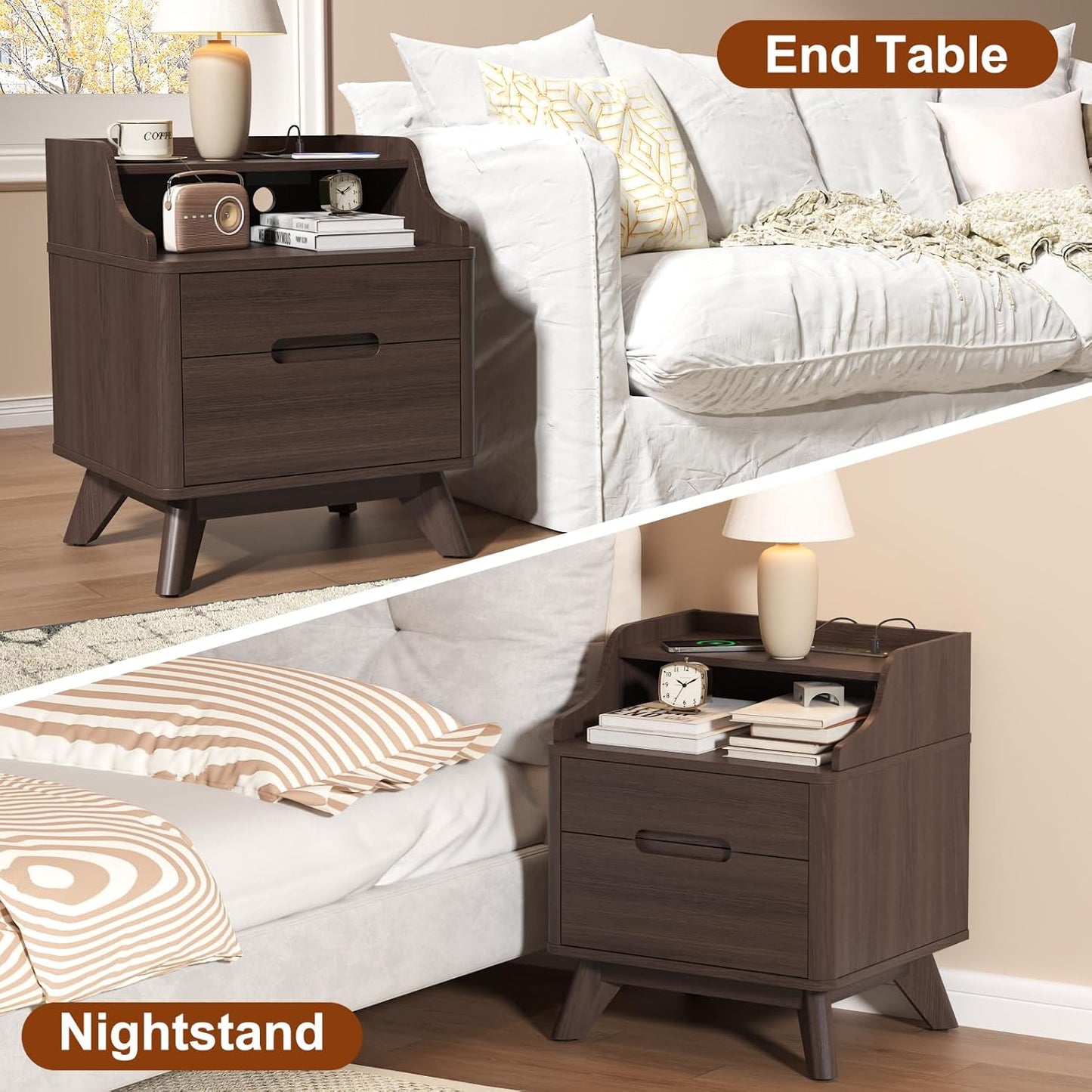Nightstand with Charging Station, 21" Tall Nightstand w/2 Storage Drawers, Wood Night Stand with Hidden Handle, 17'' Wide Modern Bedside Table for Bedroom, Brown