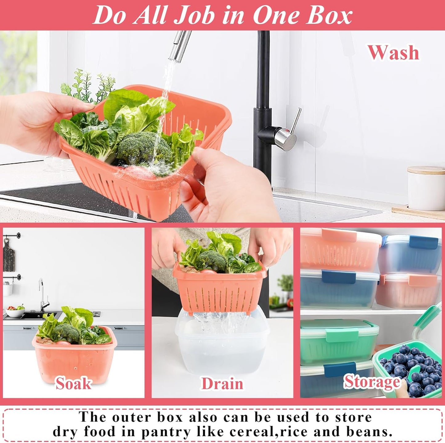 50oz Berry Keeper Fruit Storage Container for Fridge, Fresh Food Produce Saver Containers with Removable Drain Colander, Vegetable Lettuce Keeper Bowl, Refrigerator Organizer, PRESS TO OPEN CLOSE LID