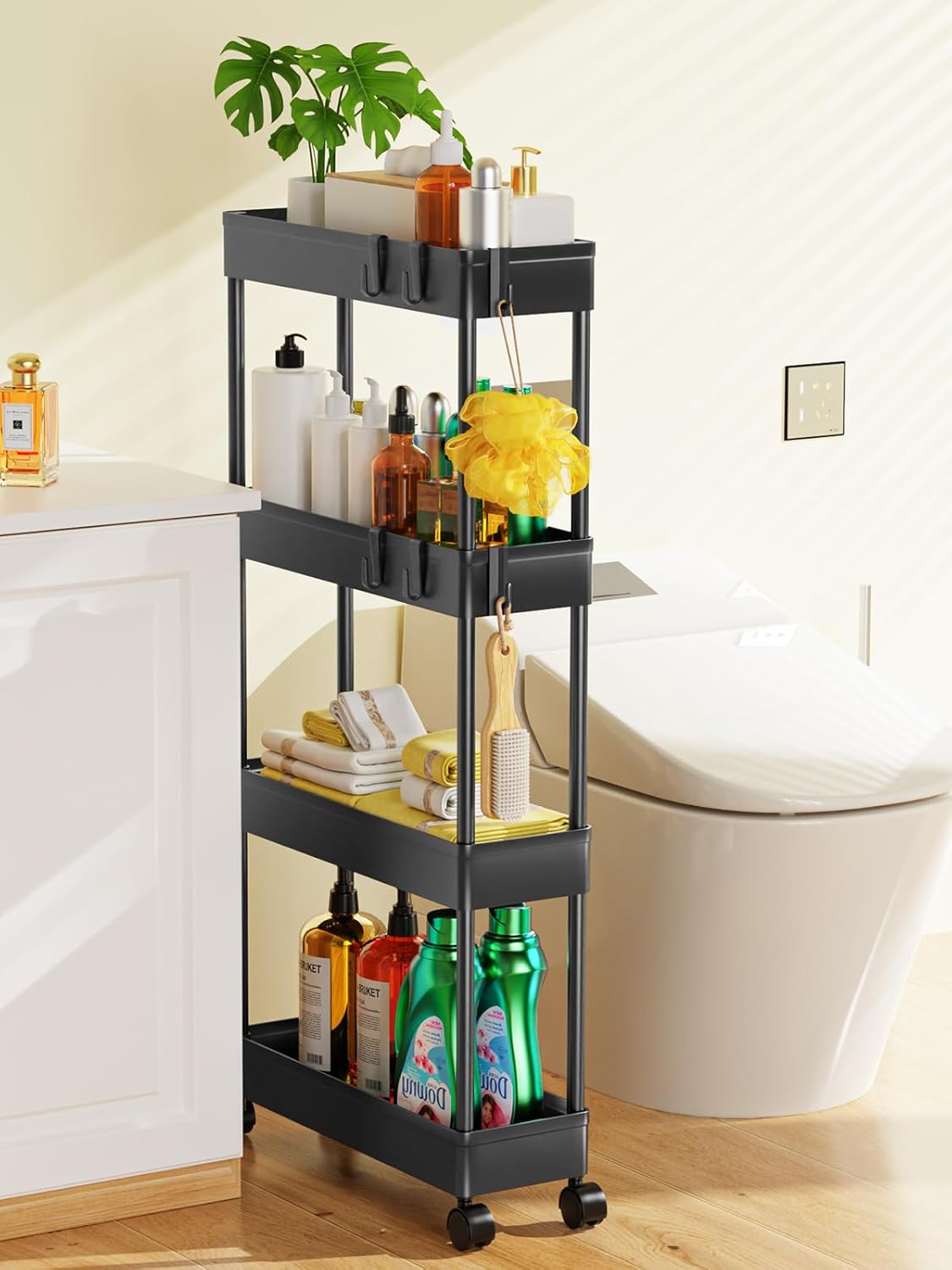 LEHOM 5.1" Slim Storage Cart - 4 Tiers Bathroom Organizer Mobile Shelving Unit Storage Rolling Utility Cart Slide Out Organizer for Kitchen Bathroom Laundry Narrow Places