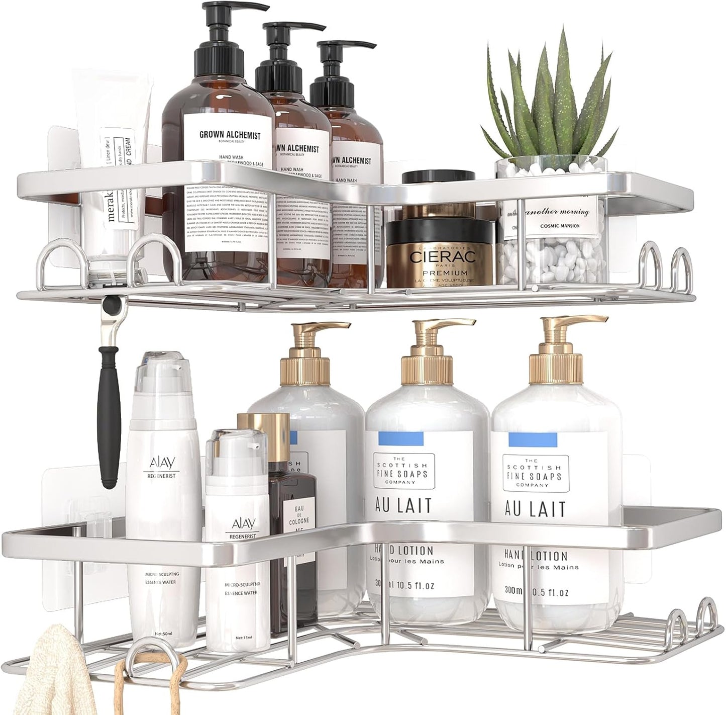 Corner Shower Caddy - 2 Pack, Adhesive Shower Organizers, Rustproof Stainless Steel Shower Shelves with 8 Hooks, No Drilling Bathroom Organizers and Storage Racks, Space-Saving, Silver, Large