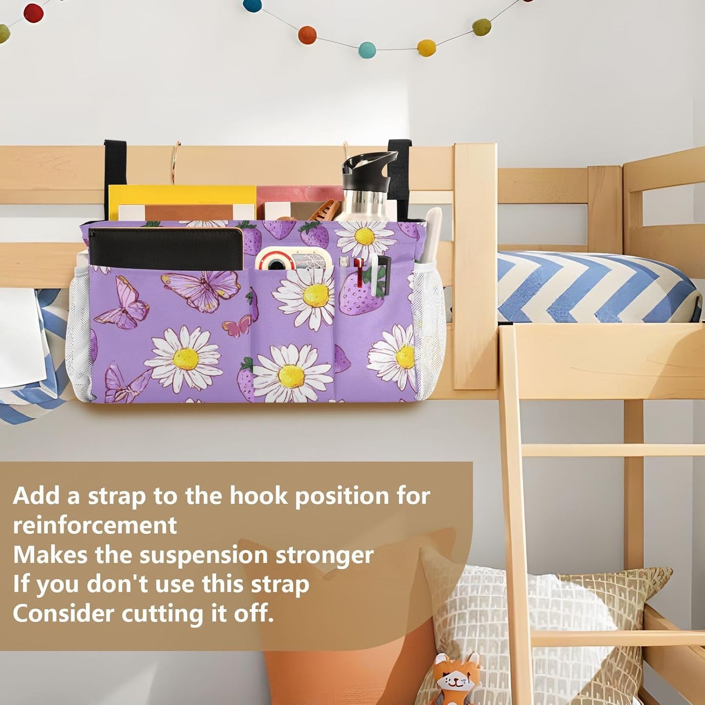Purple Cute Daisy Butterflies Strawberry Bedside Caddy for Dorm Bed Bedside Hanging Caddy Bag Iron Frame Storage Organizer Pocket for Bunk Home College Hospital Beds 2 Hooks