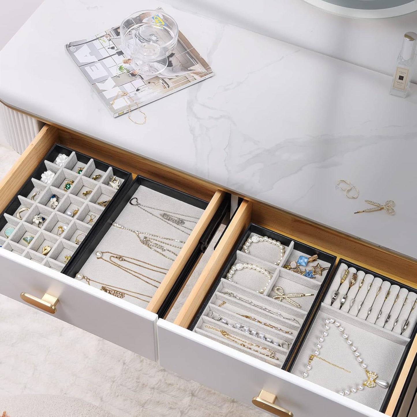 ProCase Stackable Jewelry Organizer Trays for Drawers, Jewelry Drawer Inserts Container Display Case Storage for Earring Necklace Rings Bracelet with Removable Dividers -Black, 4 Layers