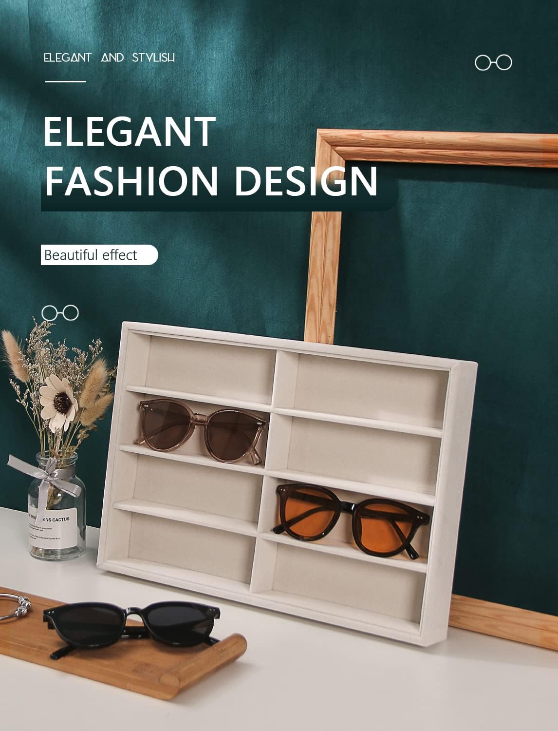 Coward Sunglass Organizer, Beige Velvet Glasses Trays - Eyeglasses Watches Jewelry Display - Men Women (8 Grids)