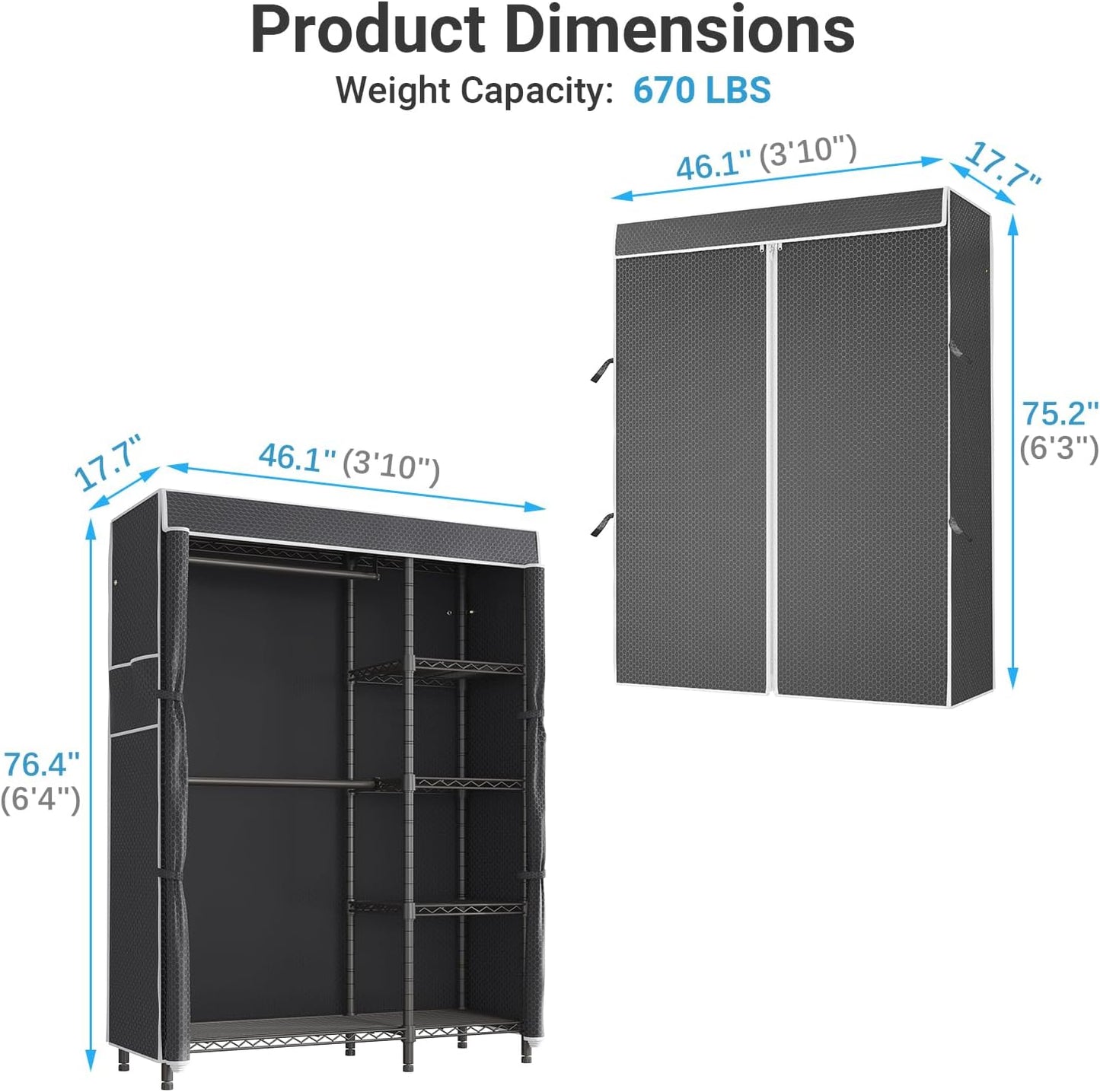 VIPEK V7C Garment Racks with Cover Portable Closets for Hanging Clothes, Heavy Duty Clothes Rack with Shelves Metal Closet Wardrobe, Max 670lbs, Black Rack with Black Upgraded Polyester Cover