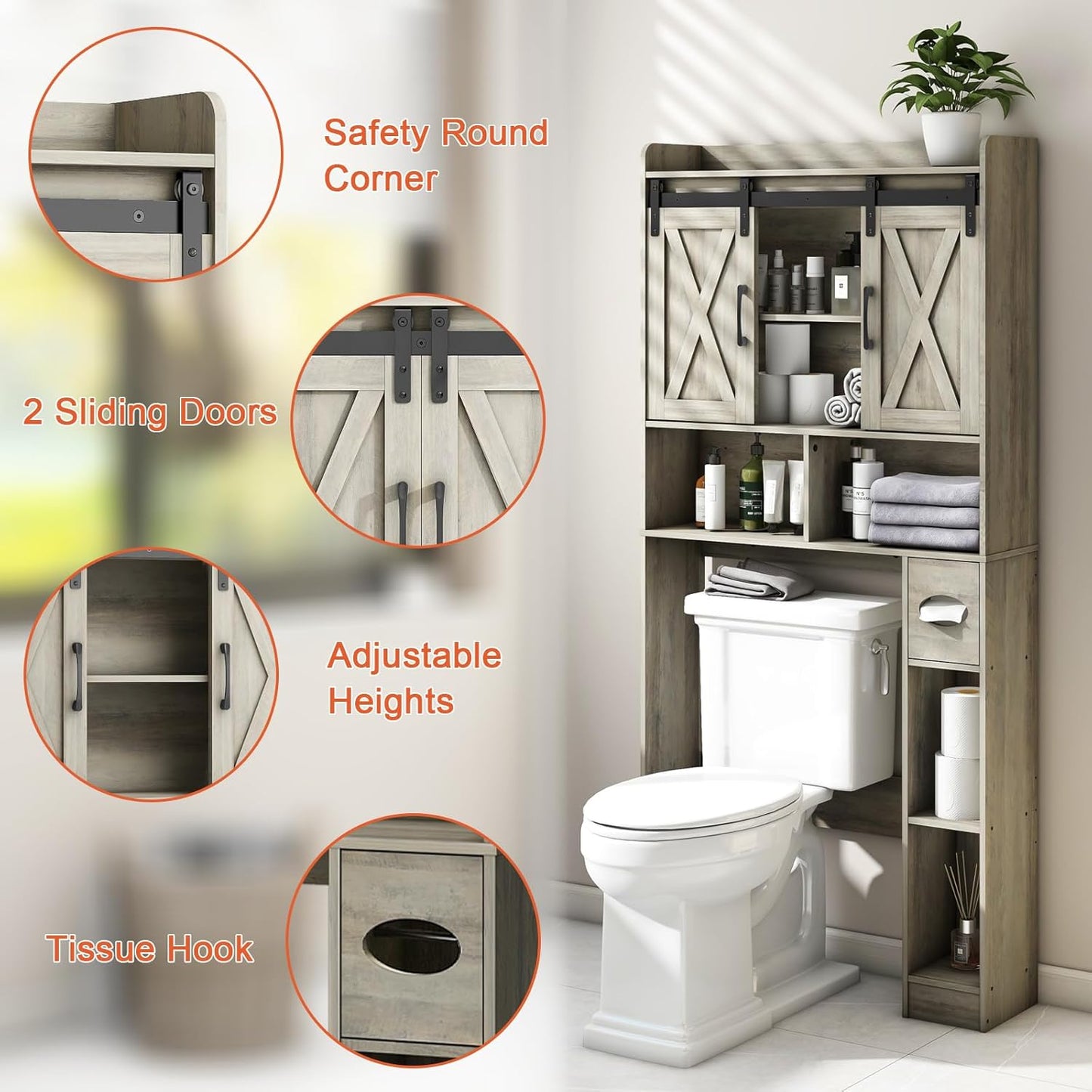 Vabches Over The Toilet Storage Cabinet, Farmhouse Storage Cabinet Over Toilet with Sliding Door& Toilet Paper Holder Stand,Home Space-Saving Toilet Rack, for Bathroom, Restroom, Laundry