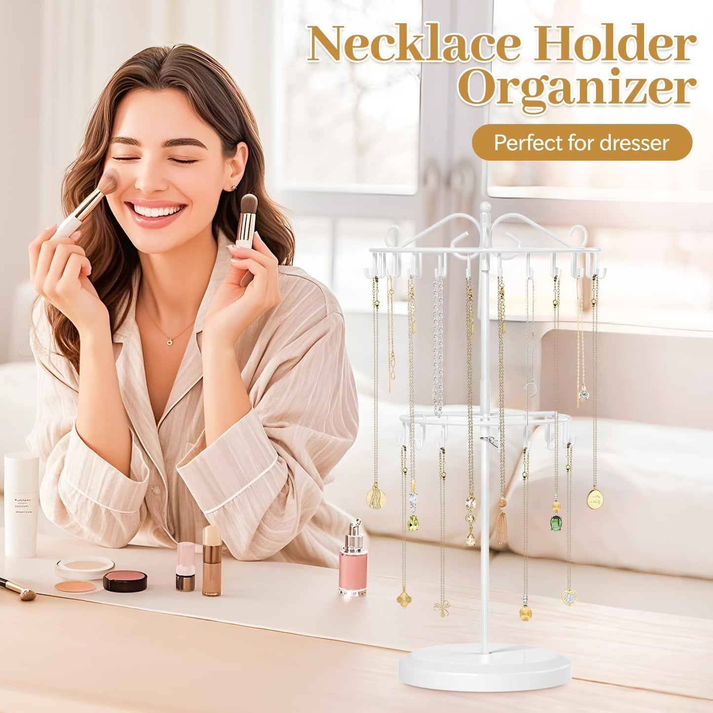MODOWEY Rotating Necklace Holder Organizer Display Stand with 42 Hooks, 2 Tier Adjustable Metal Tree for Long Necklace Hanger Selling, Tall Spinning Bracelet Storage Rack for Men Women, White