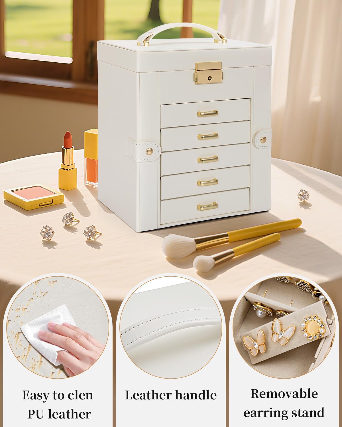 TORIBIO Large Jewelry Box for Women, Leather Jewelry Organizer with Mirror & Lock, 6-Tier Jewelry Storage Case for Girls/Women/Mothers, Necklace Earring Bracelets Holder Organizer
