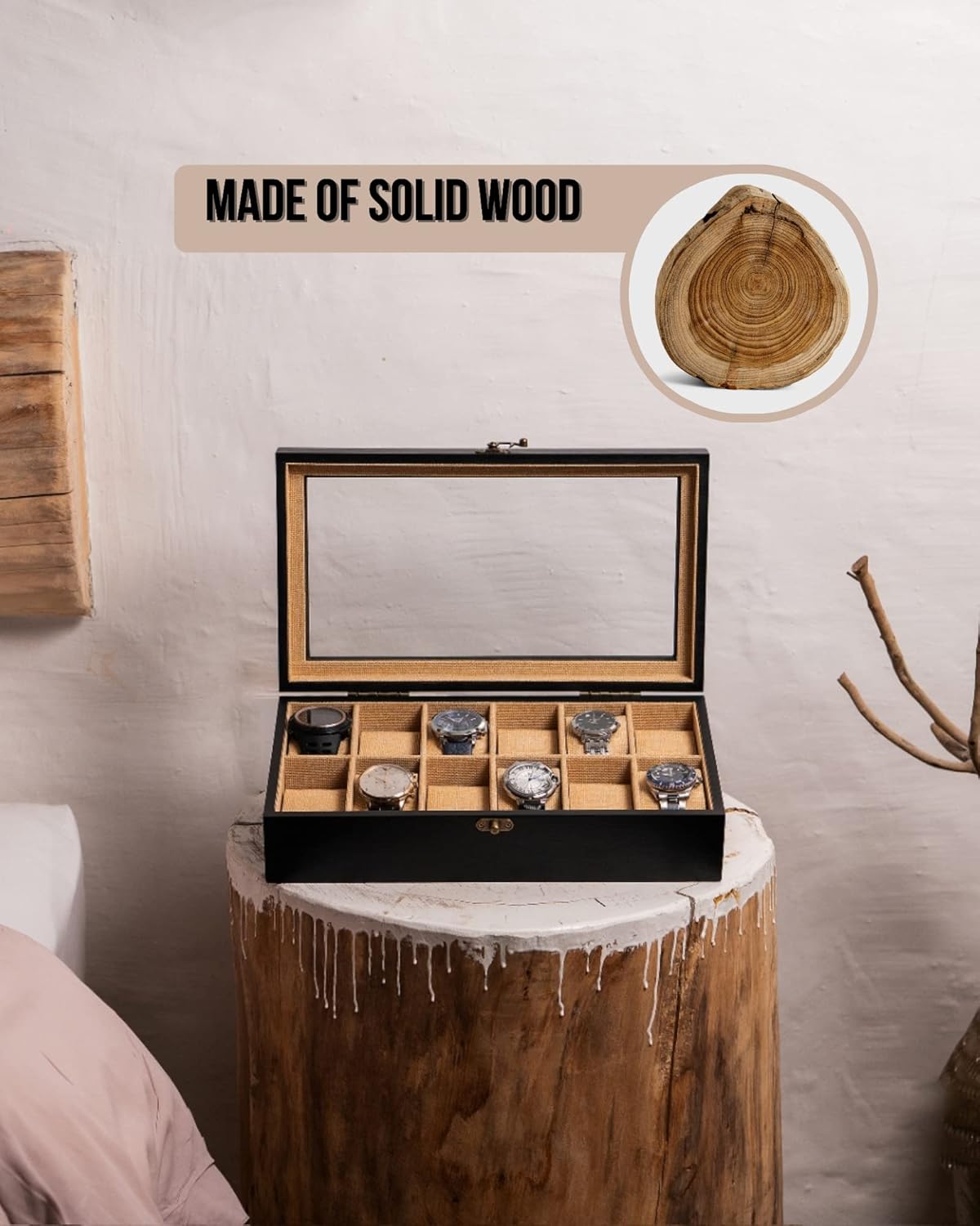 Watch Box, Watch Case for Men Women with Large Glass Lid, Wooden Watch Display Storage Box with 12 - Slots, Charcoal Black Mens Watch Box Organizer