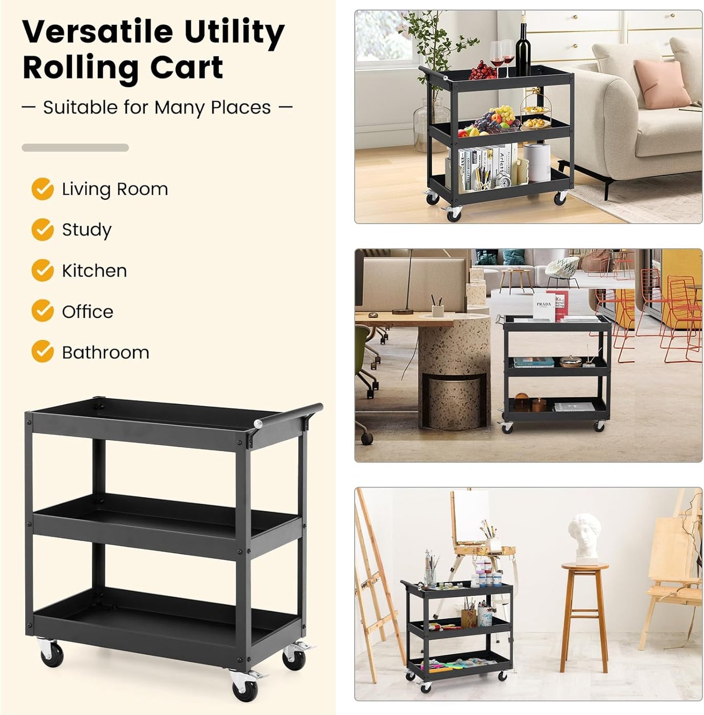 Goplus 3-Tier Utility Cart, Heavy Duty Commercial Service Tool Cart w/Lockable Wheels, 330lbs Load Capacity, Ergonomic Handle, Rolling Mechanic Tool Cart Storage Organizer for Warehouse Garage Black