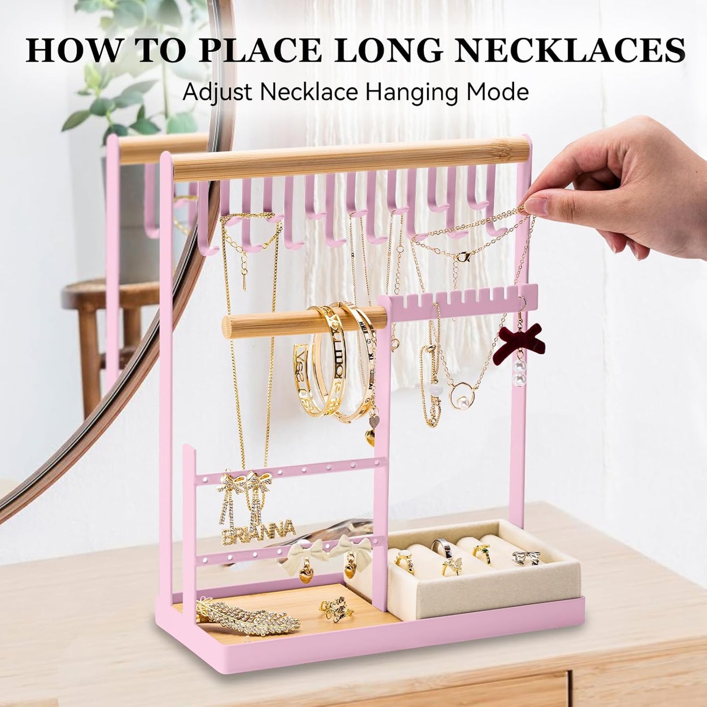 DreamGenius Jewelry Organizer Stand with Velvet Ring Holder, 4 Tier Jewelry Holder Organizer with 15 Hooks for Necklaces and 16 Holes for Earrings, Pink