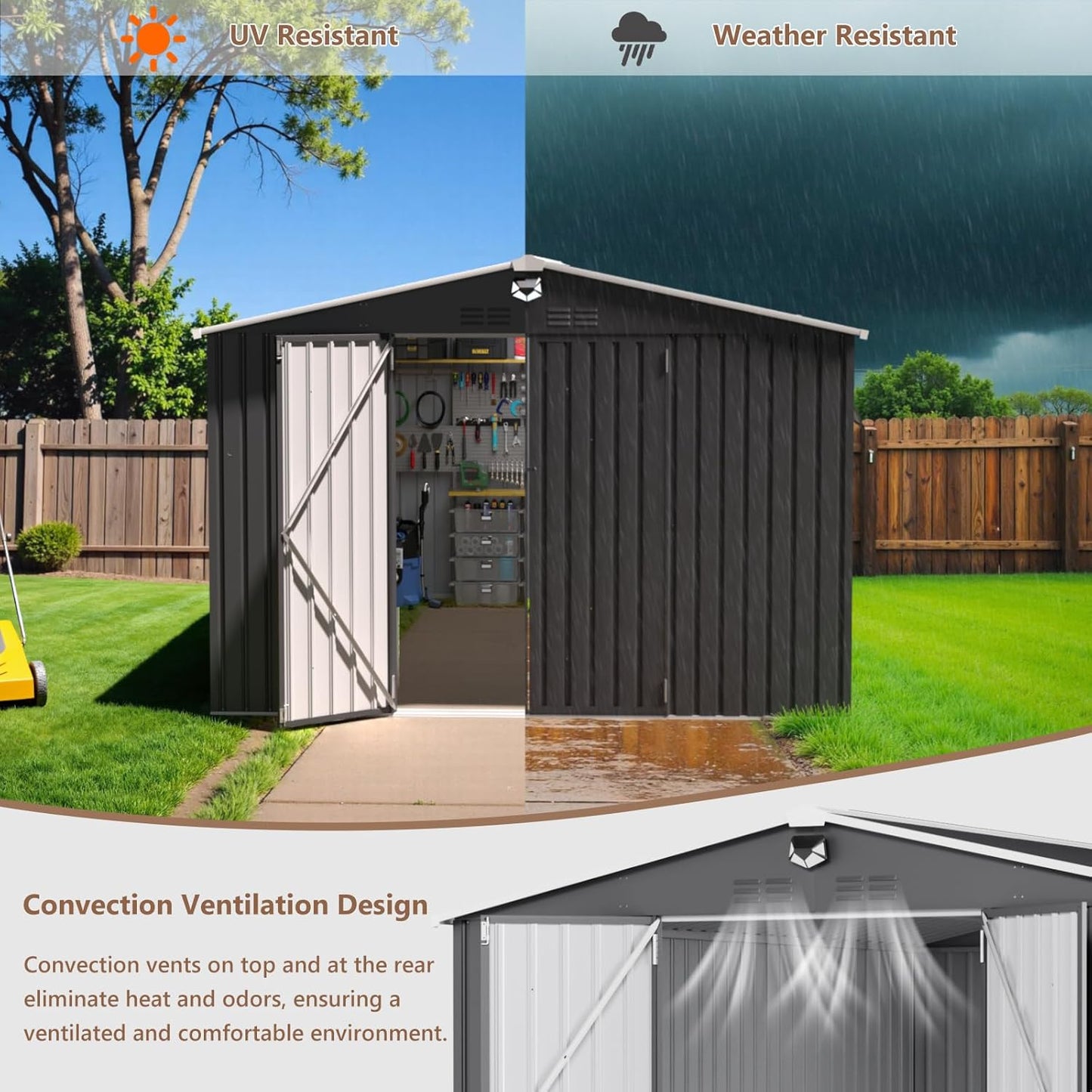 10x12 FT Outdoor Storage Shed, Metal Garden Shed - Tool Storage Sheds with Lockable Doors & 1 Vented Clear Window, Waterproof Outside Storage Building for Backyard, Patio (Black; Floor Not Included)