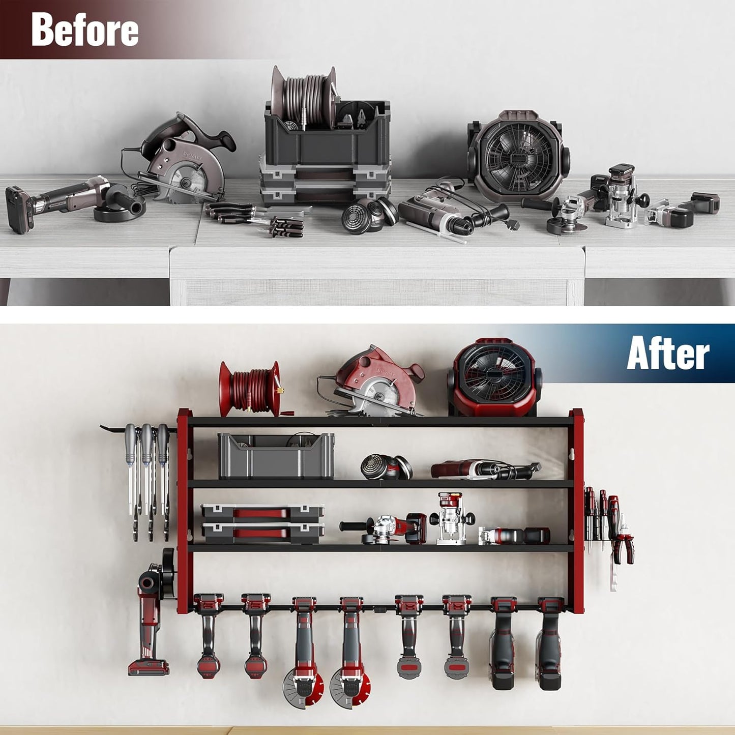 Tomorotec 4-Layer Wall-Mounted Power Tool Storage Rack, Heavy-Duty Steel Drill Organizer with Adjustable Shelves & Side Hooks for Toolbox, Easy Installation Garage & Workshop Storage (Red)