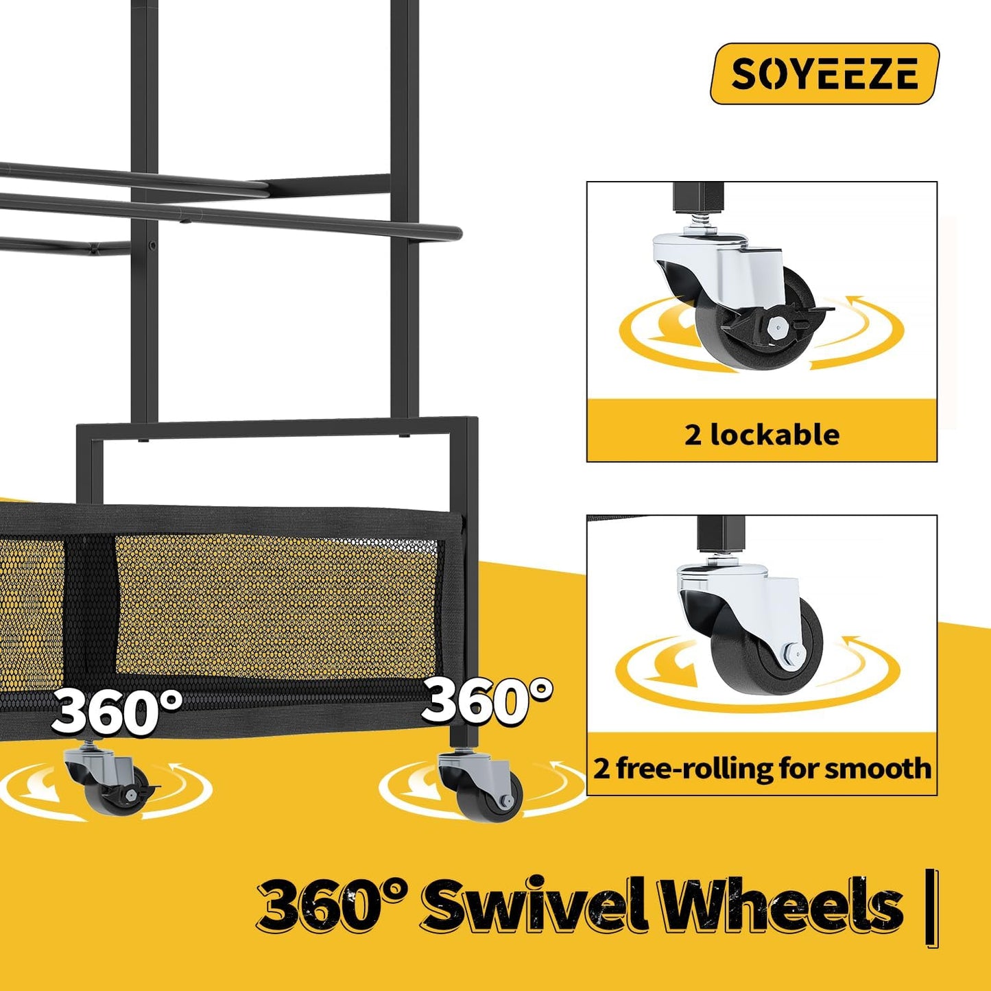 SOYEEZE Garage Sports Equipment Organizer-Large 5 Layer Ball Storage, Basketball Stand Holder, Outdoor toy storage, Baseball Bat Rack, Rolling Ball Cart with Hooks and Wheels for Indoor/Outdoor Use
