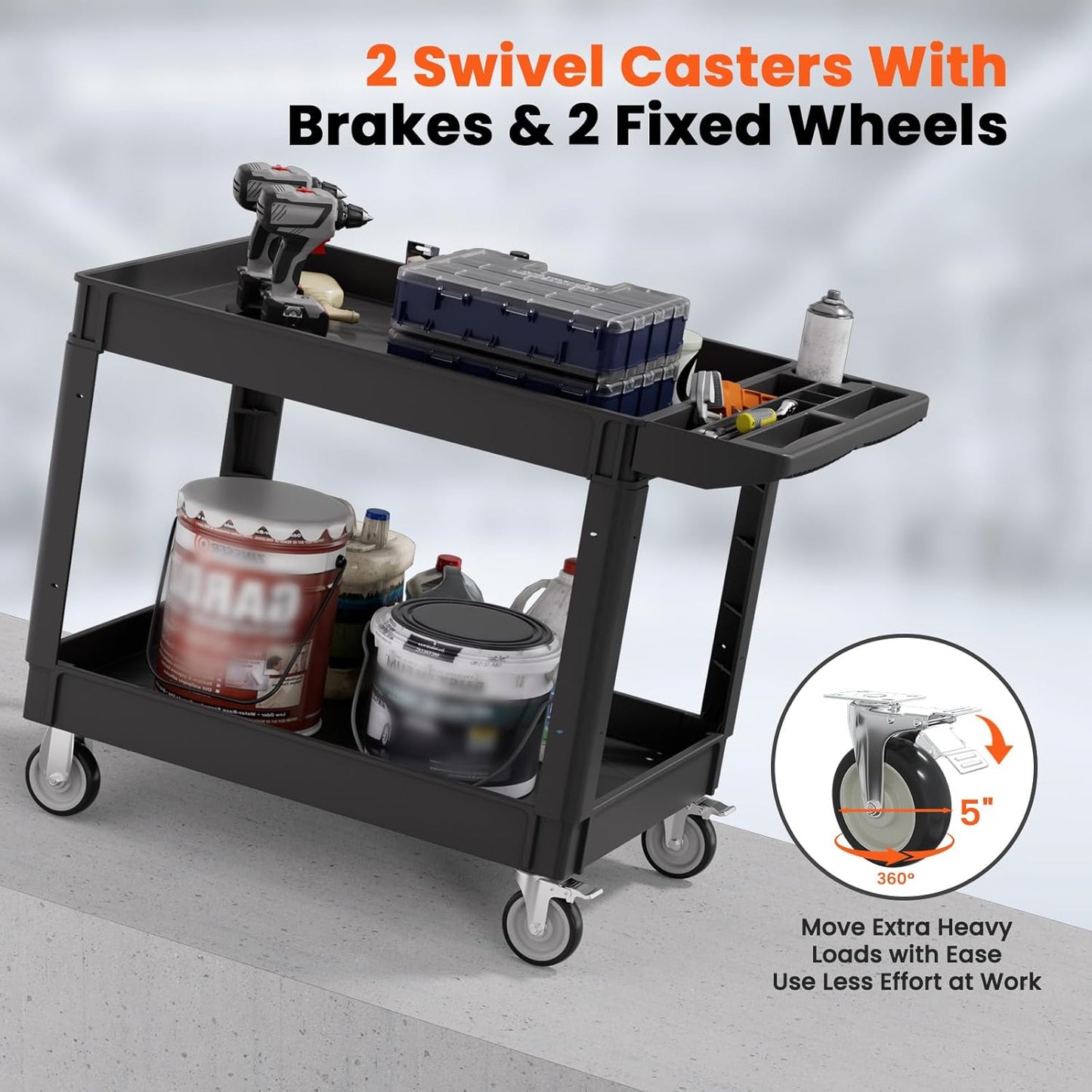 2 Tier Plastic Rolling Utility Cart on Wheels, Heavy Duty Tool Cart with Deep Shelves and 360° Swivel Wheels Holds up to 550 lbs, Service Cart for Warehouse,Garage, Cleaning (Black-L)