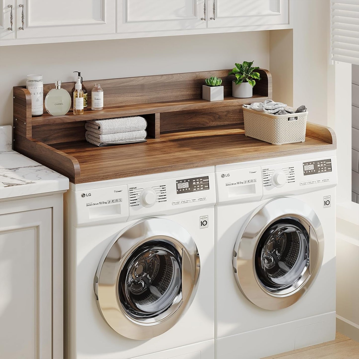 2-Tier Washer Dryer Countertop with 2.75" H Edge Rails, 54" W x 27.55" D Laundry Countertop for Folding Clothes, Washer and Dryer Topper with Non-Slip Pad (Dark Walnut)