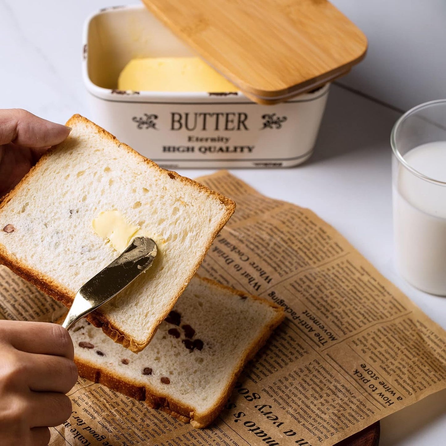 Hasense Farmhouse Butter Dish with Lid for Countertop, Vintage Butter Keeper Holder, Large Container for Fridge with Freshness Seal, Enhance Kitchen Decor, Holds Two Sticks of Butter, White