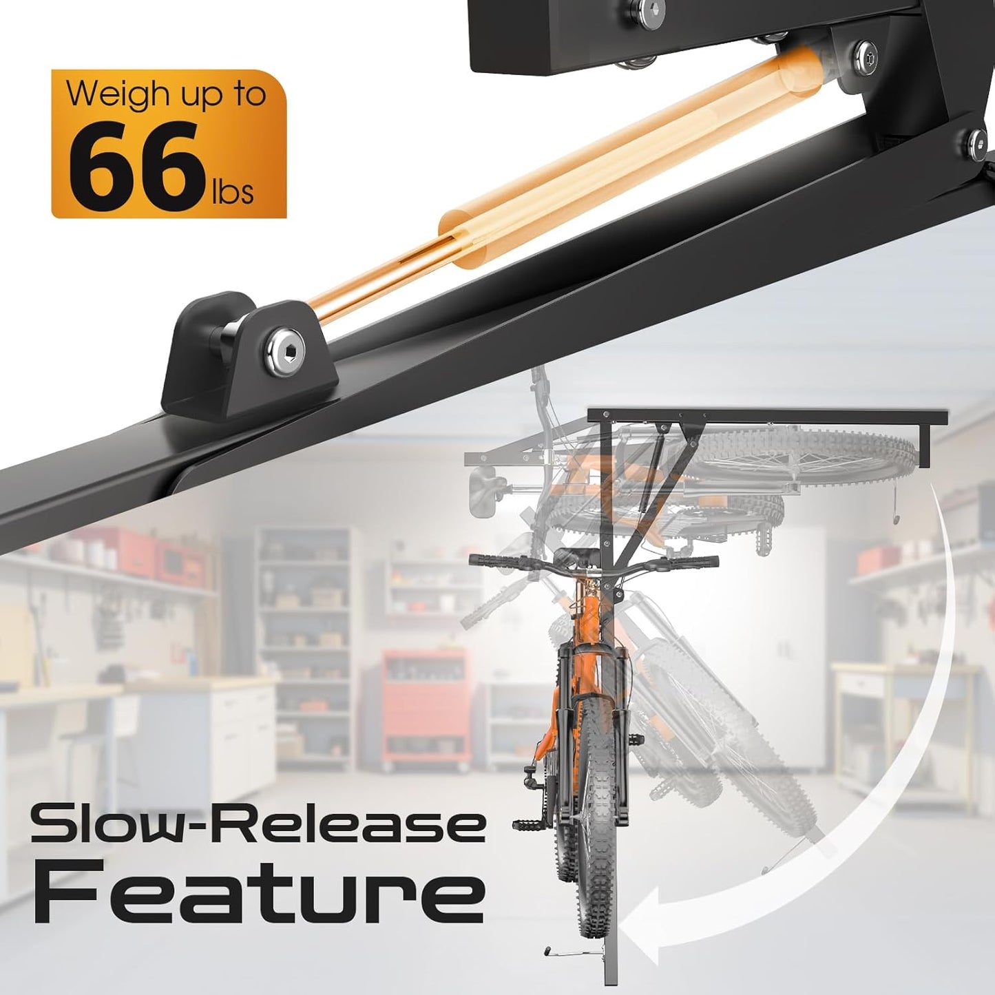 Vanesa Hydraulic Bike Ceiling Mount for Garage - Heavy Duty Pull Down Bike Hanger, Folding Overhead Bike Storage Hoist Holds Up to 66 lbs, Space Saving Bicycle Mount for Garage/Indoor
