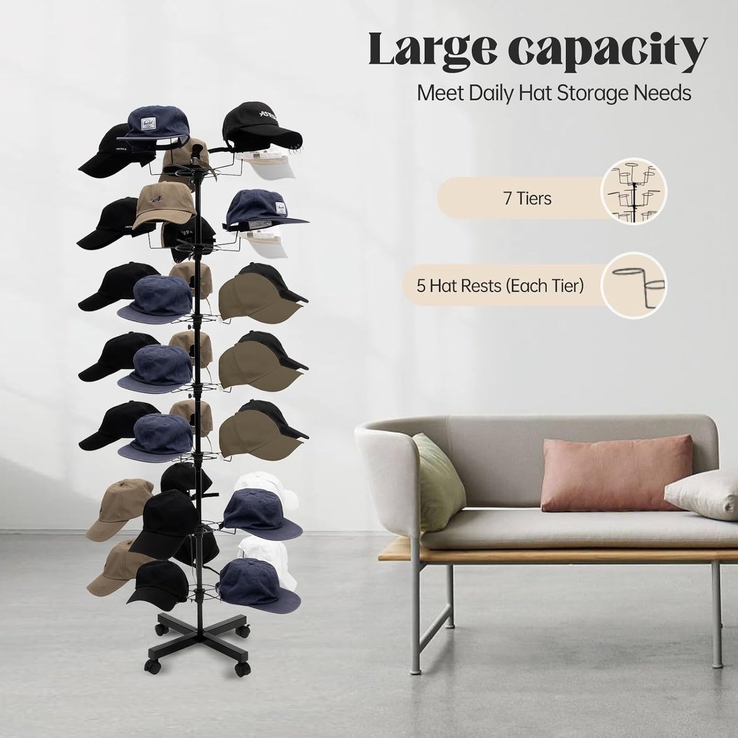 7-Tier Rotating Hat Display Rack Stand – Freestanding Metal Hat Organizer with 35 Cap Holders, Adjustable Height & Rolling Base, Space-Saving Standing Hat Rack for Baseball Caps, Cowboy Hats, Stores