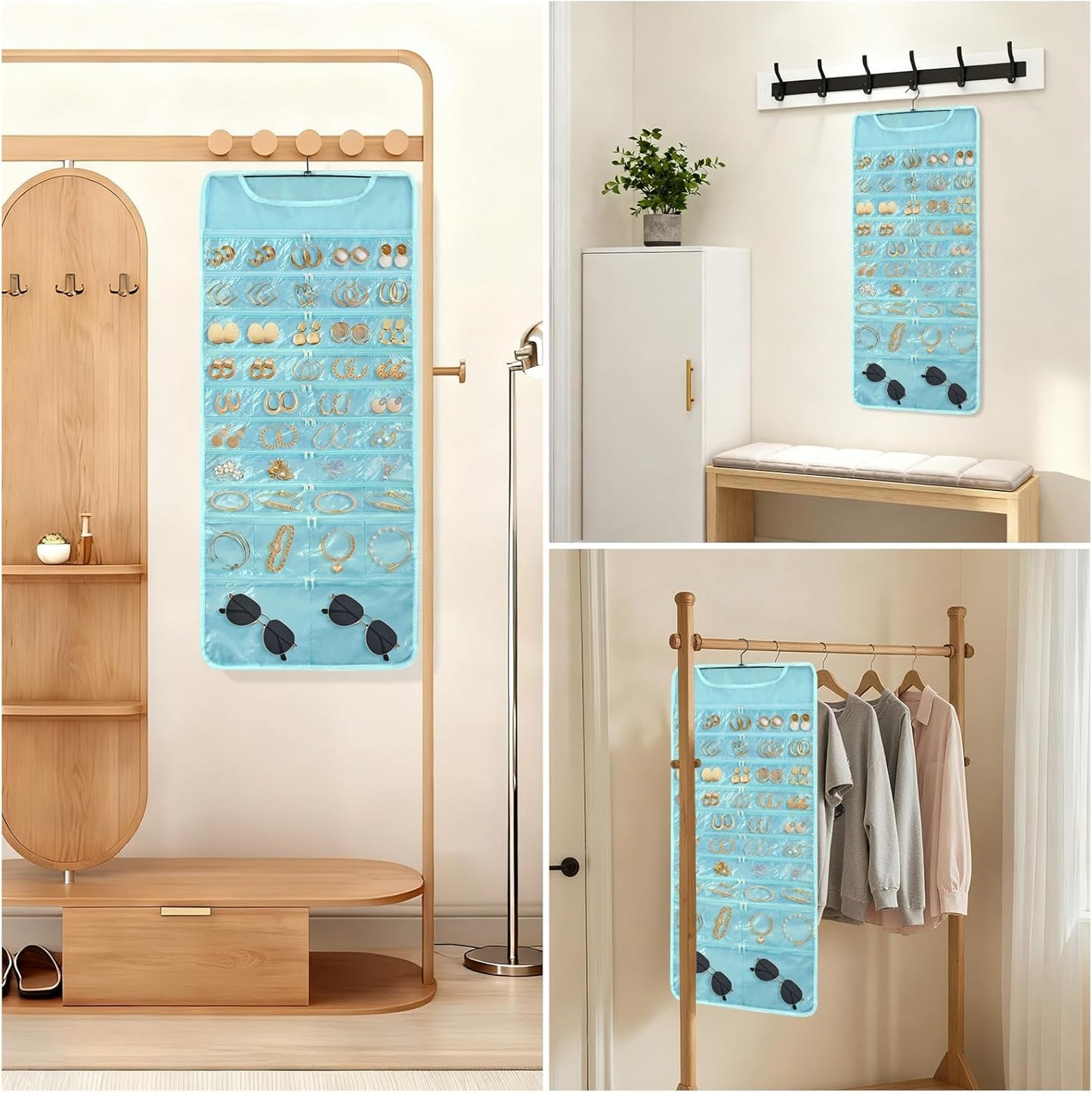FOREGOER Hanging Jewelry Organizer with 88 Zippered Pockets, Dustproof Foldable for Travel, Accessories Organizer for Holding Jewelries Earring Organizers and Storage (Blue)