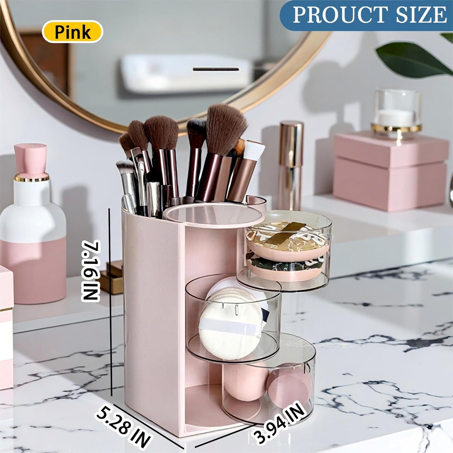 Hair Accessories Organizer with Hair Brush Holder, Rotatable Makeup Brush Holder for Necklaces, Earring, Bracelet, Ring, Makeup Brushes, Hair Clip and Hair Accessories (Pink, 3-Layer)