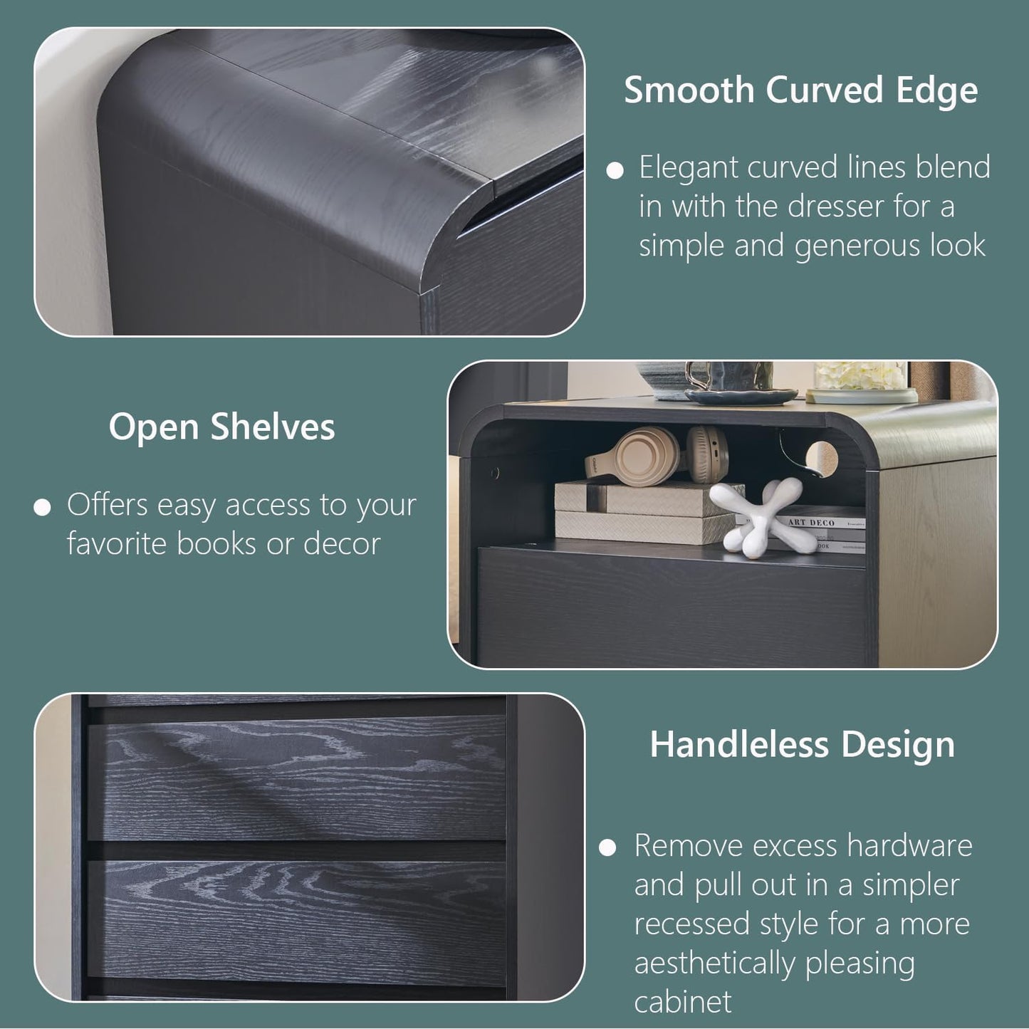 25" Tall Modern Nightstand Set of 2, 23.6'' Wide Wood Bedside Table w/2 Storage Drawers, Charging Station, Mid Century End Table for Bedroom, Living Room,Curved Profile Design, Black