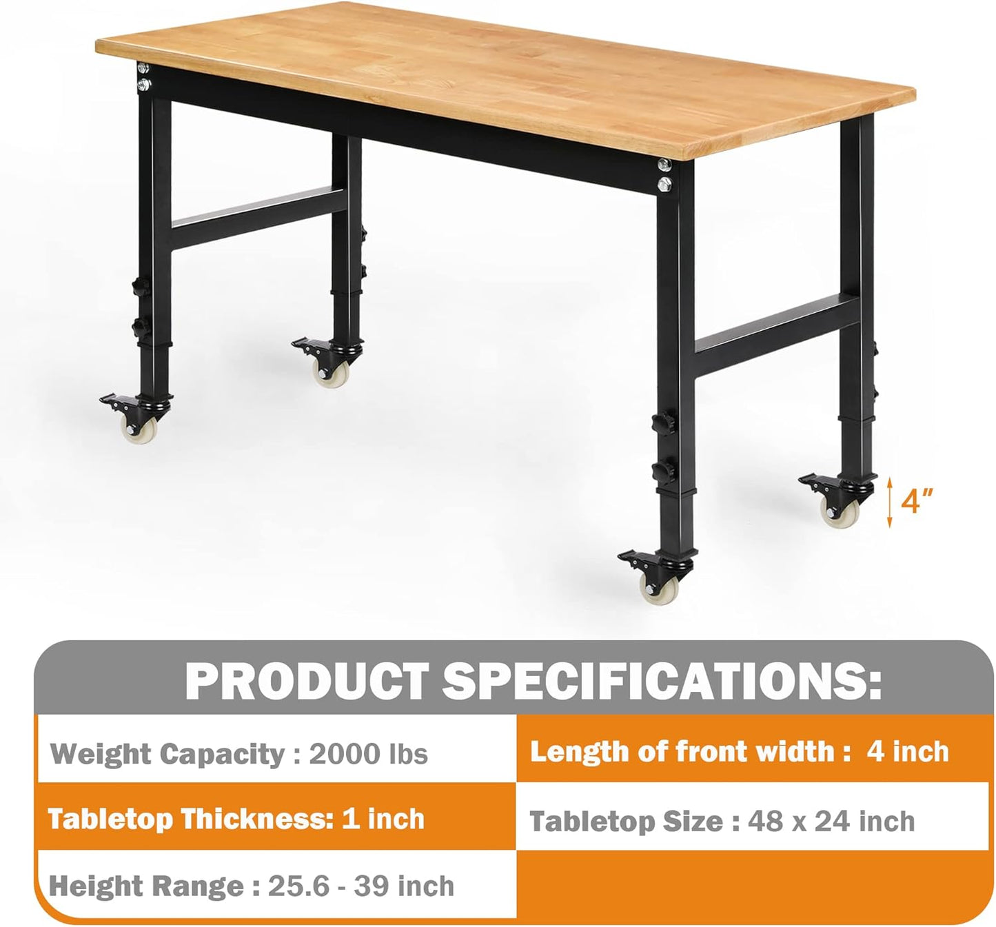 Betterhood 48" Heavy-Duty Adjustable Workbench for Garage, Rubber Wood Shop Table W/Metal Wheels, Hardwood Workstation Weight Capacity Over 2000 Lbs with Wheels