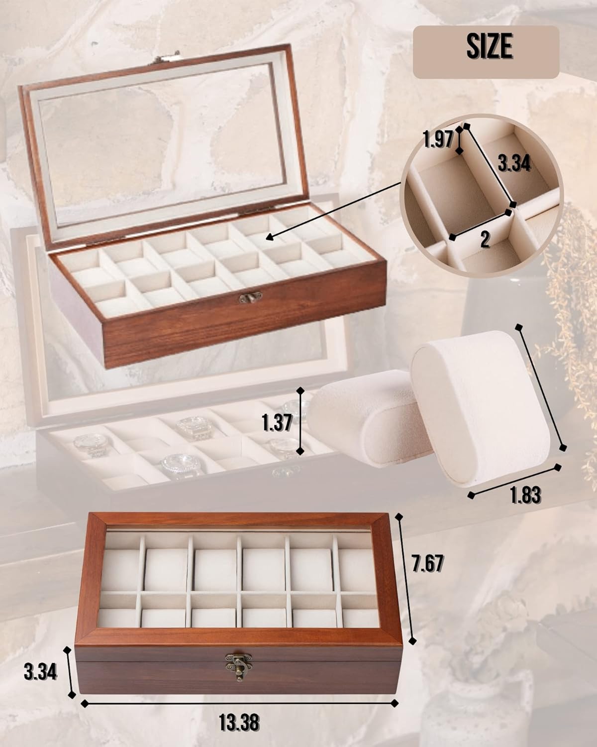 Watch Box, Watch Case for Men Women with Large Glass Lid, Wooden Watch Display Storage Box with 12 - Slots, Classic Walnut Mens Watch Box Organizer