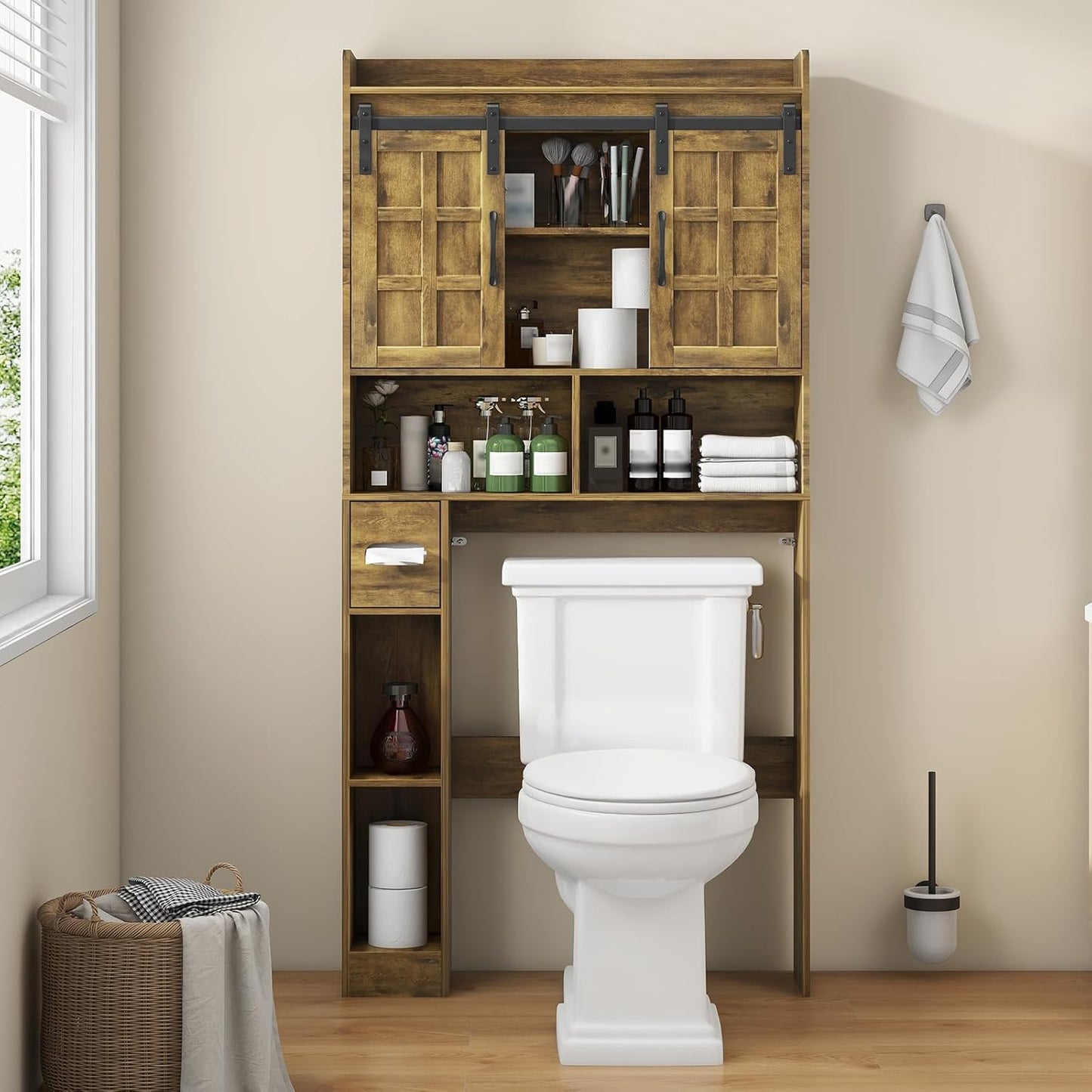 Over The Toilet Storage Cabinet, Farmhouse Storage Cabinet Over Toilet with Sliding Doors,Home Space-Saving Toilet Rack, for Bathroom, Restroom, Laundry. Brown