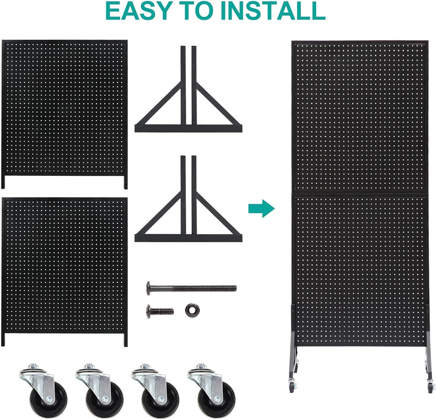 Eastern Tree 2.5'x 6' Metal Pegboard Display Stand with T-Base, Black Peg Board Panels Display with Casters, Standing Pegboard Display, Retail Display Stand, Extra 10 Pieces Hooks, Black