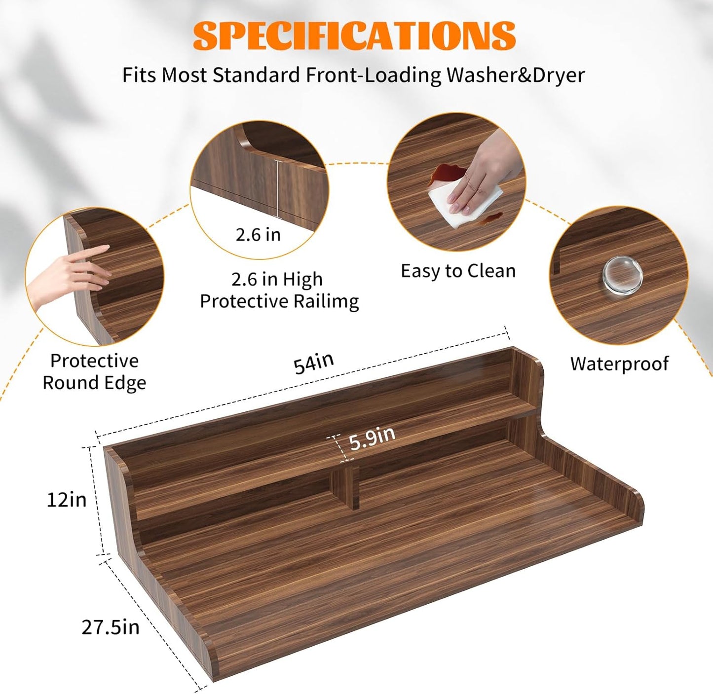 2-Tier Washer Dryer Countertop, Wood Laundry Countertop with Edge, 54" x 27.5" Top Cover for Laundry Machine, Washer and Dryer Wood Shelf Topper for Laundry Room Counter Storage Organization, Walnut