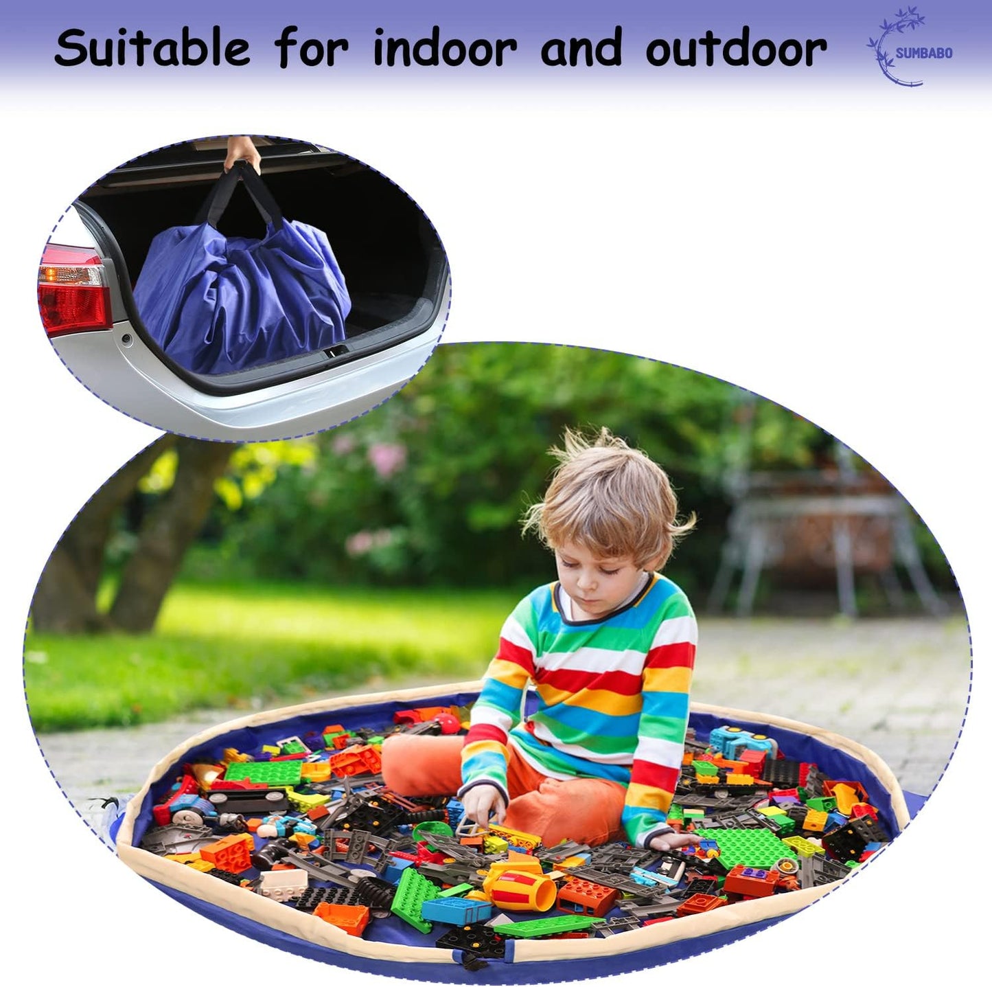 Toy Storage Mat Bag by Drawstring for Lego - Play Mat Bag Toy Storage Container for Kids with Cap can as Gift (2Pcs = Big Blue + Mini Yellow)