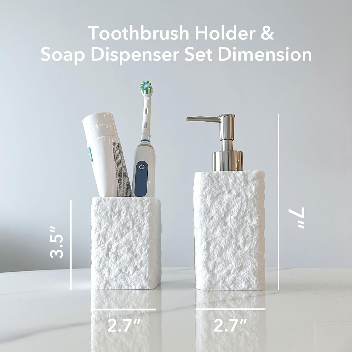 White Stone-Look Toothbrush Holder for Bathroom, Natural Rough Stone Textured, Unbreakable Heavy Bathroom Cup, Vanity Countertop Organizer for Makeup Brushes