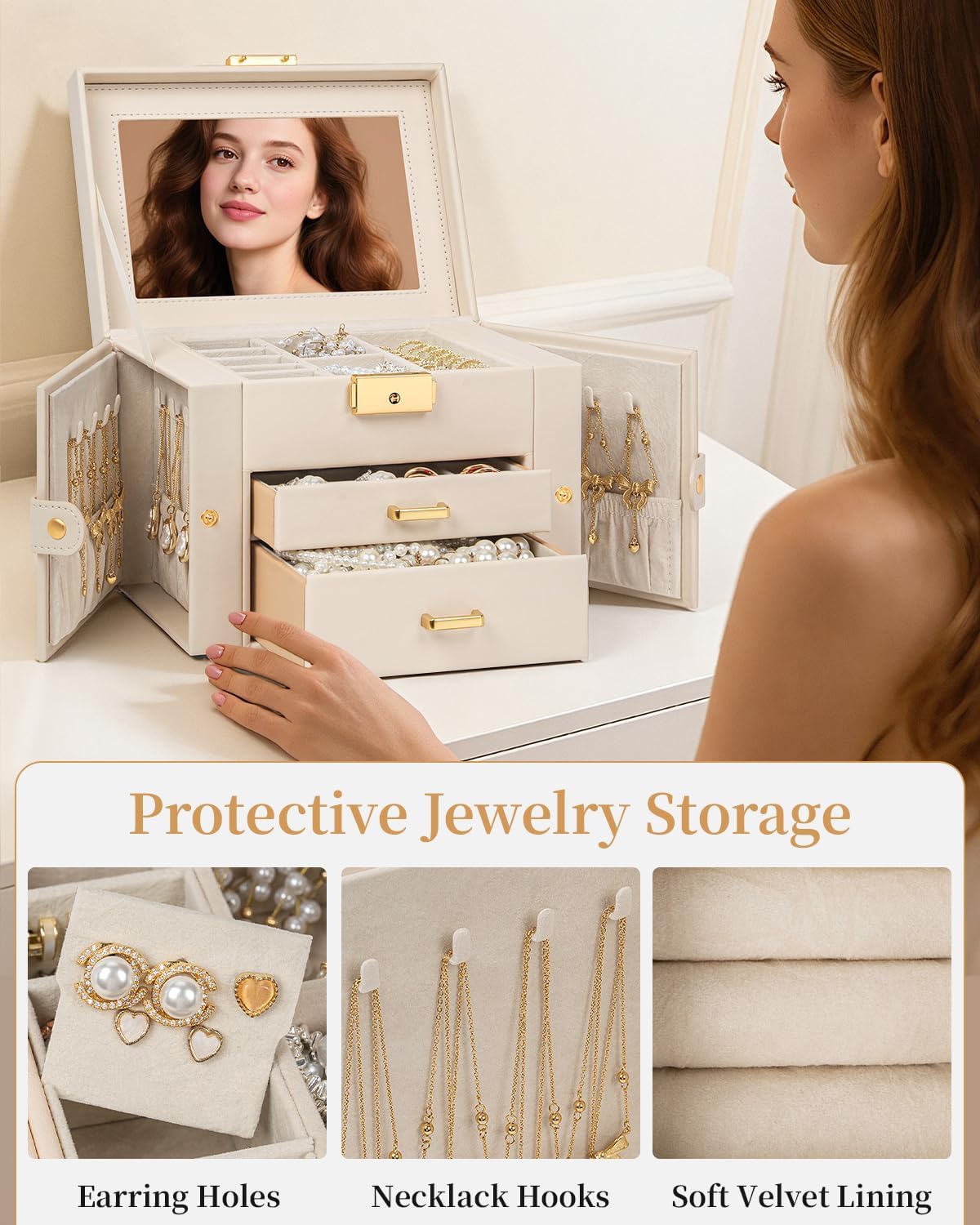 TORIBIO Jewelry Box for Women, Leather Jewelry Organizer with Mirror & Lock, 3-Tier Jewelry Storage Organizer with 2 Drawers for Girls/Women/Mothers, Necklace Earring Bracelets Holder Organizer