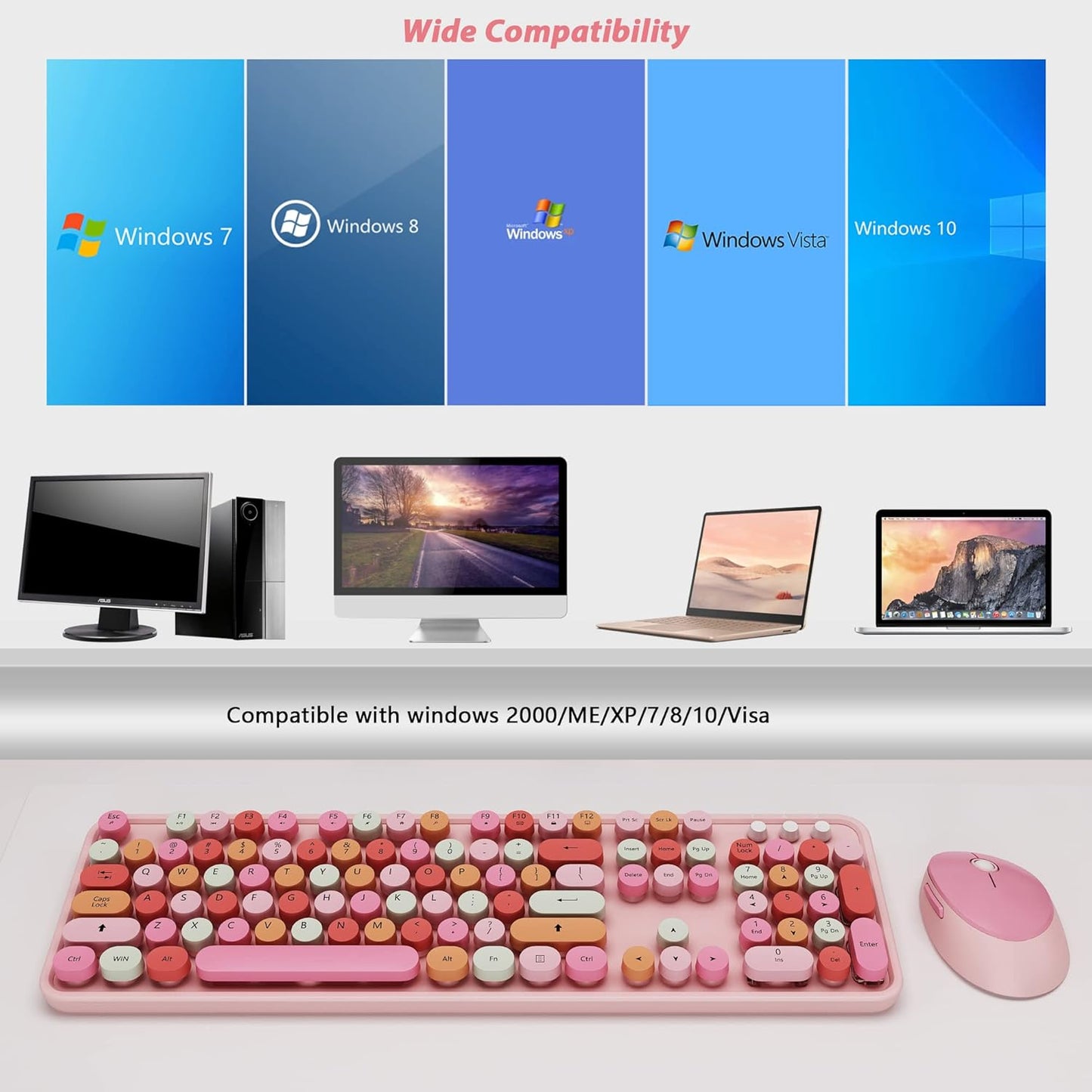 KOOTOP Cute Pink Wireless Keyboard and Mouse, 2.4G Retro Round Keycap for PC, Mac, Laptop, Tablet, Computer Windows