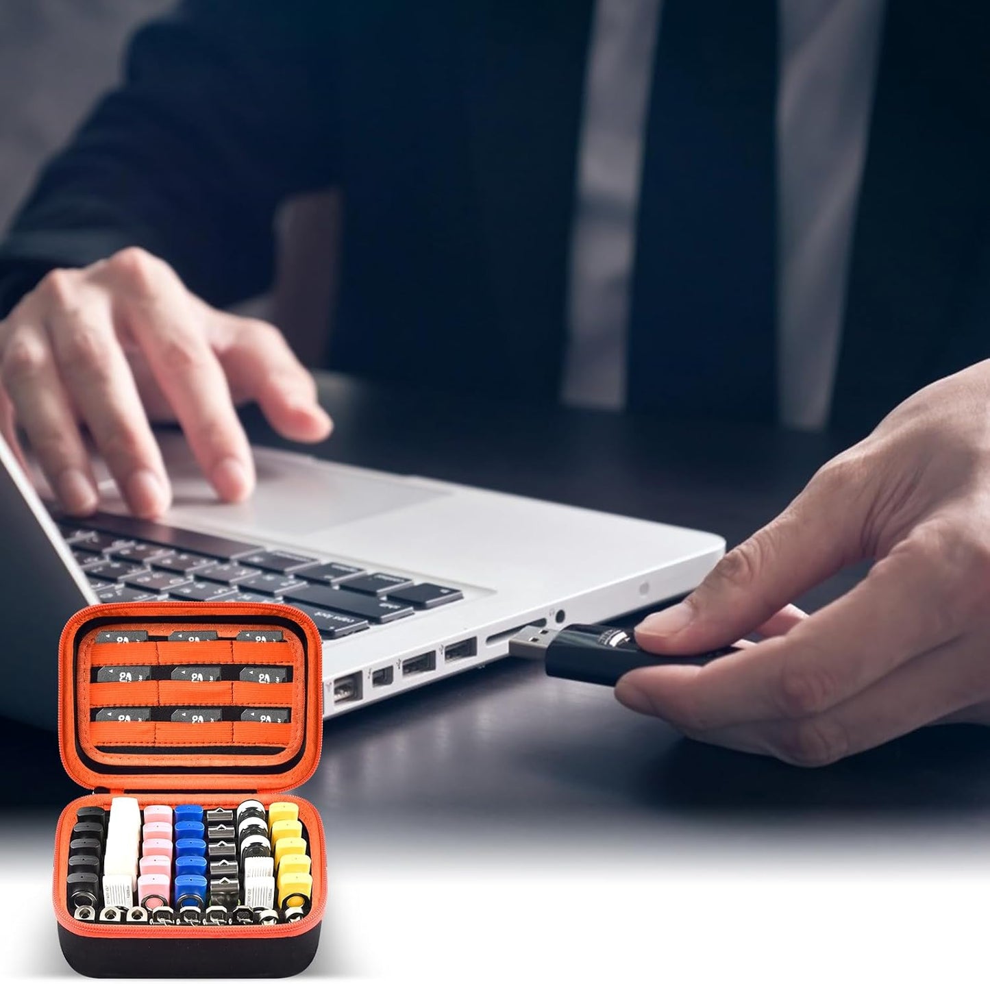 Comecase USB Flash Drive Case, Thumb Drive, Memory Card SD SDXC SDHC Card Holder Organizer, Electronic Accessories Storage Bag for SanDisk/SamData/Samsung/TOPESEL/PNY (Orange Inside, Large)