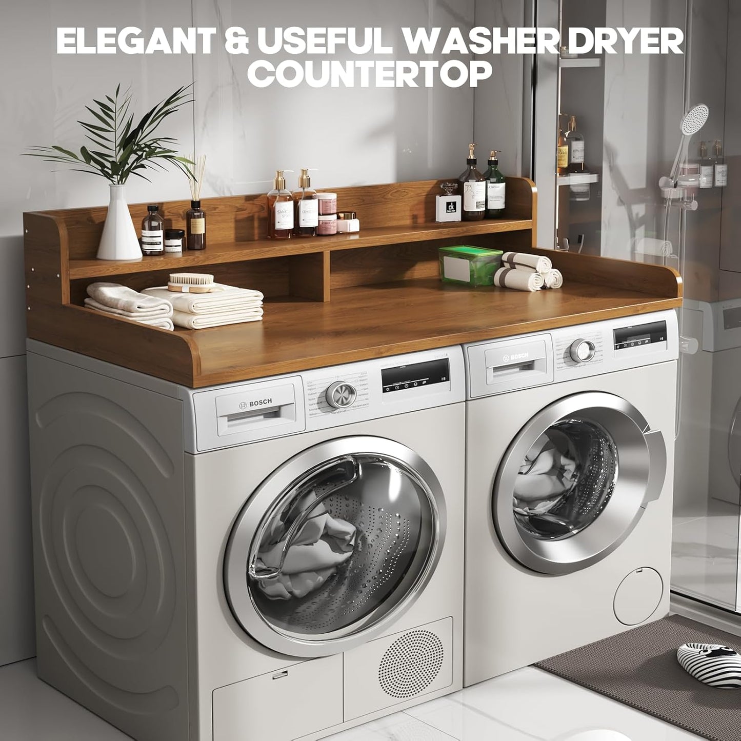 2-Tier Washer and Dryer Countertop with 2.75" H Guard,58" W x 28" D Laundry Countertop Cover with Non-Slip Pad,Large Space Laundry Topper for Folding Clothes Over Washer and Dryer-Brown