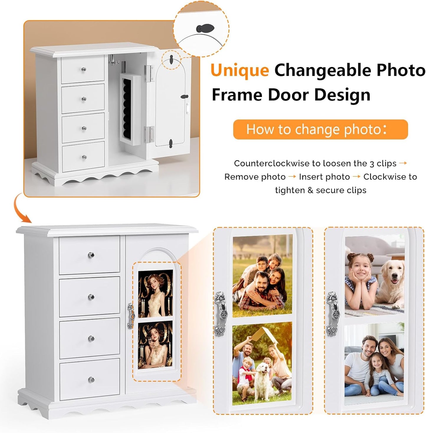 Bonnlo Small Jewelry Box Organizer with Photo Frame Door & Velvet Ring Holder, French Style Jewelry Storage Case with Rotating Necklace Hooks & Drawers, White,9.5" W*4.75" D*10.75" H