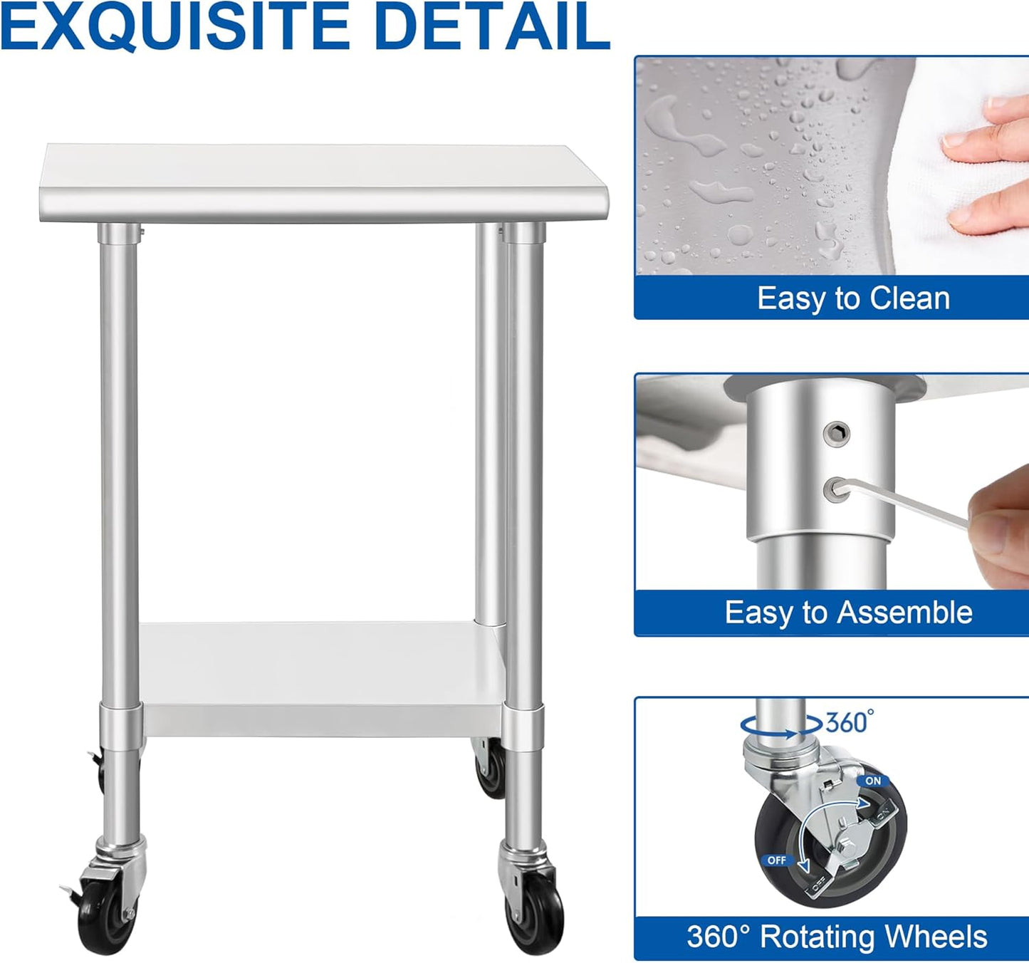 HARDURA Stainless Steel Commercial Table Prep & Work Table with Casters Heavy Duty Metal Table with Wheels NSF 430 18×30 Inches