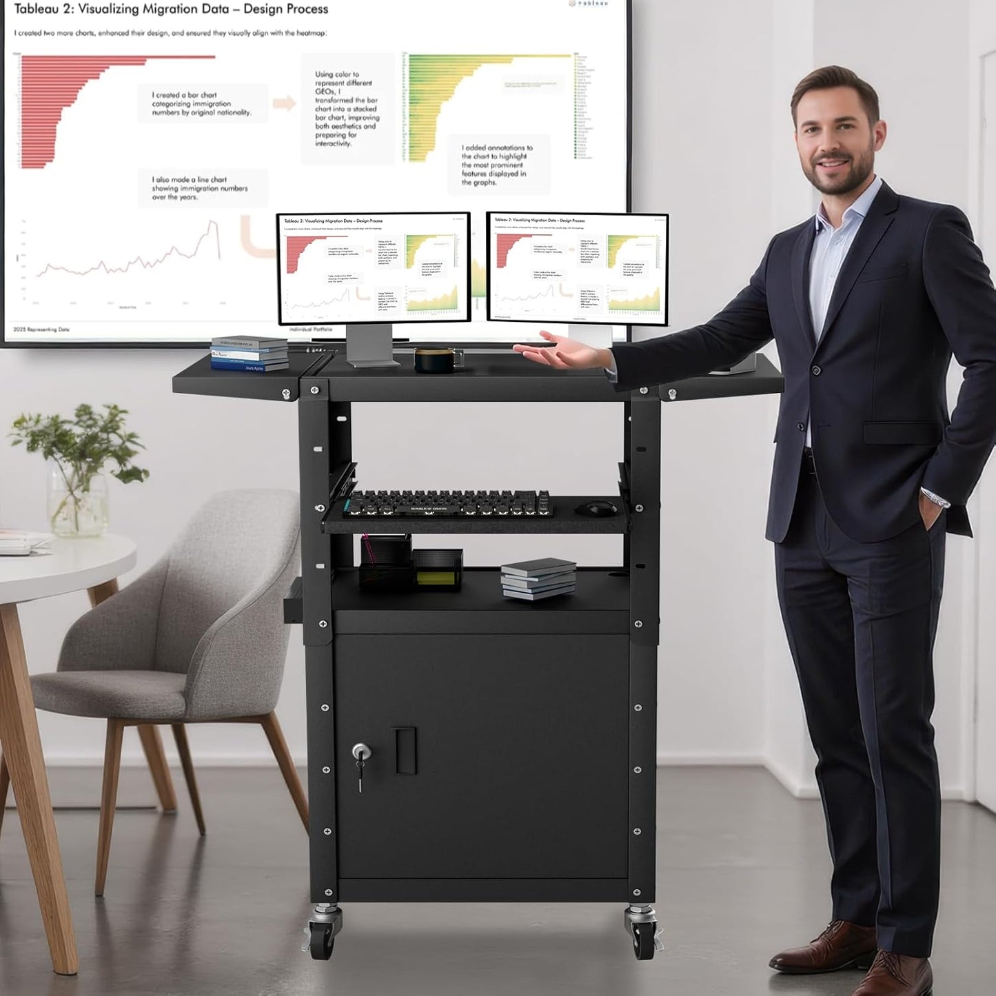Mobile AV Cart with Pullout Keyboard Tray, Rolling Computer Cart Height Adjustable Rolling Media Utility Cart with Extra Storage Space, 4 Outlets, Perfect for Home or Office Use