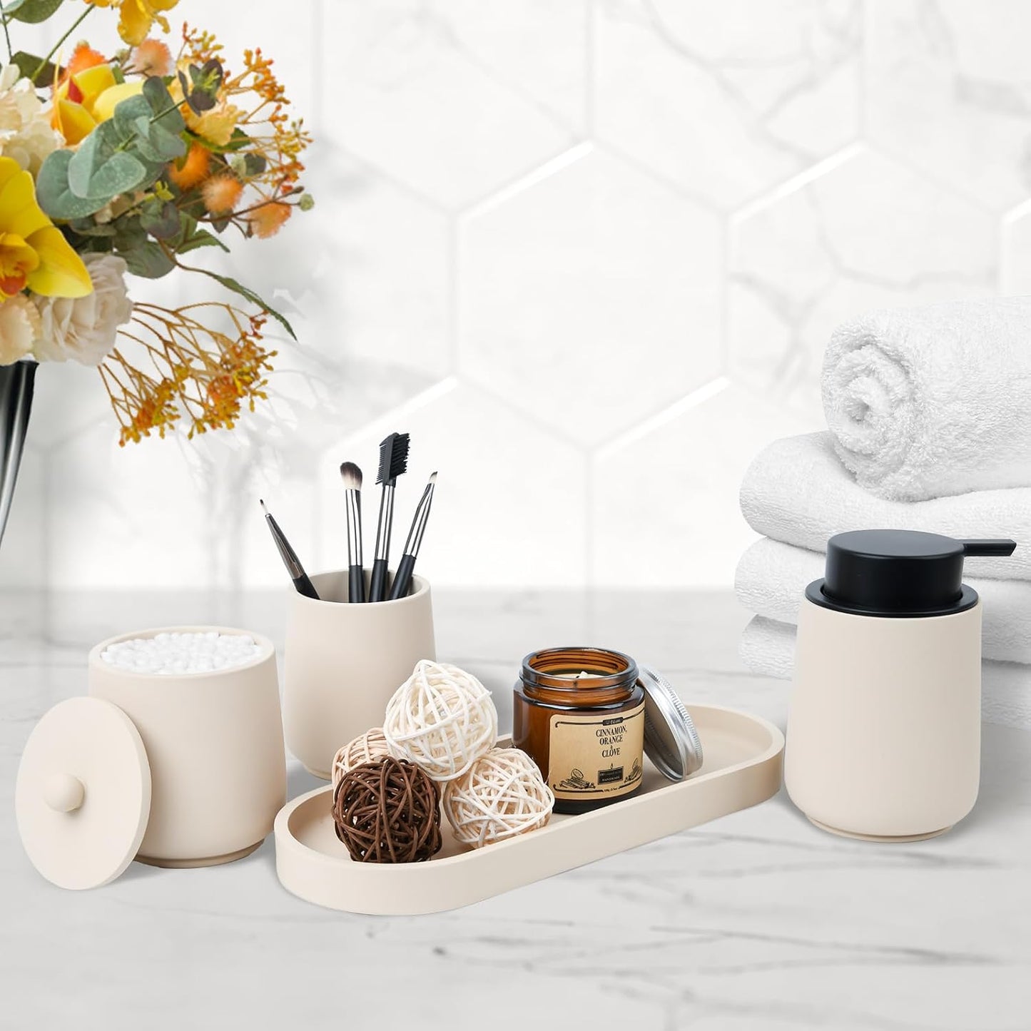 Beige Bathroom Accessories Set - 4 Pcs Bathroom Accessory Sets with Toothbrush Holder,Lotion Soap Dispenser,Qtip Holder Dispensr & Vanity Tray,Bathroom Countertop Vanity Oganizer - Beige