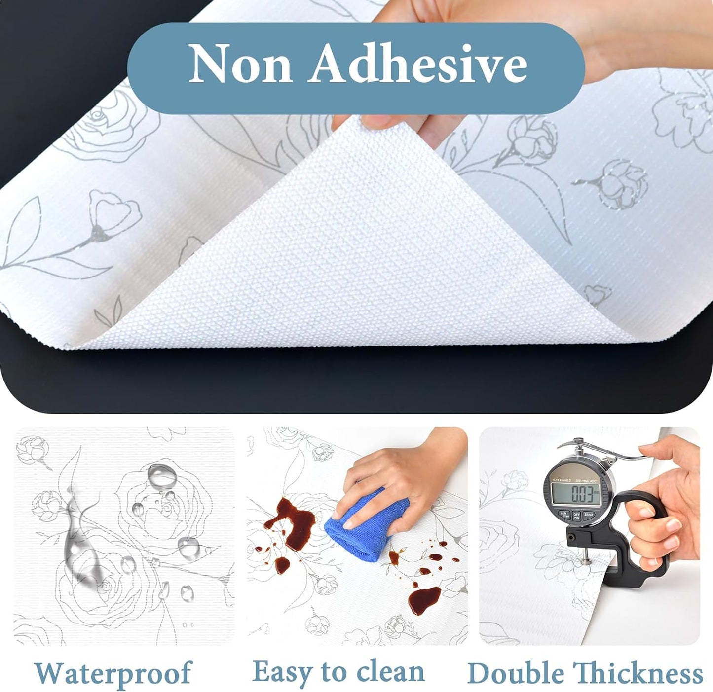 Shelf Liners for Kitchen Cabinets 12in x 10FT Non Adhesive Drawer Liner Sliver Floral Thickened Shelf Liner Paper Strong Non-Slip Easy to Clean for Tool Box Refrigerator with Knife and Tape Measure