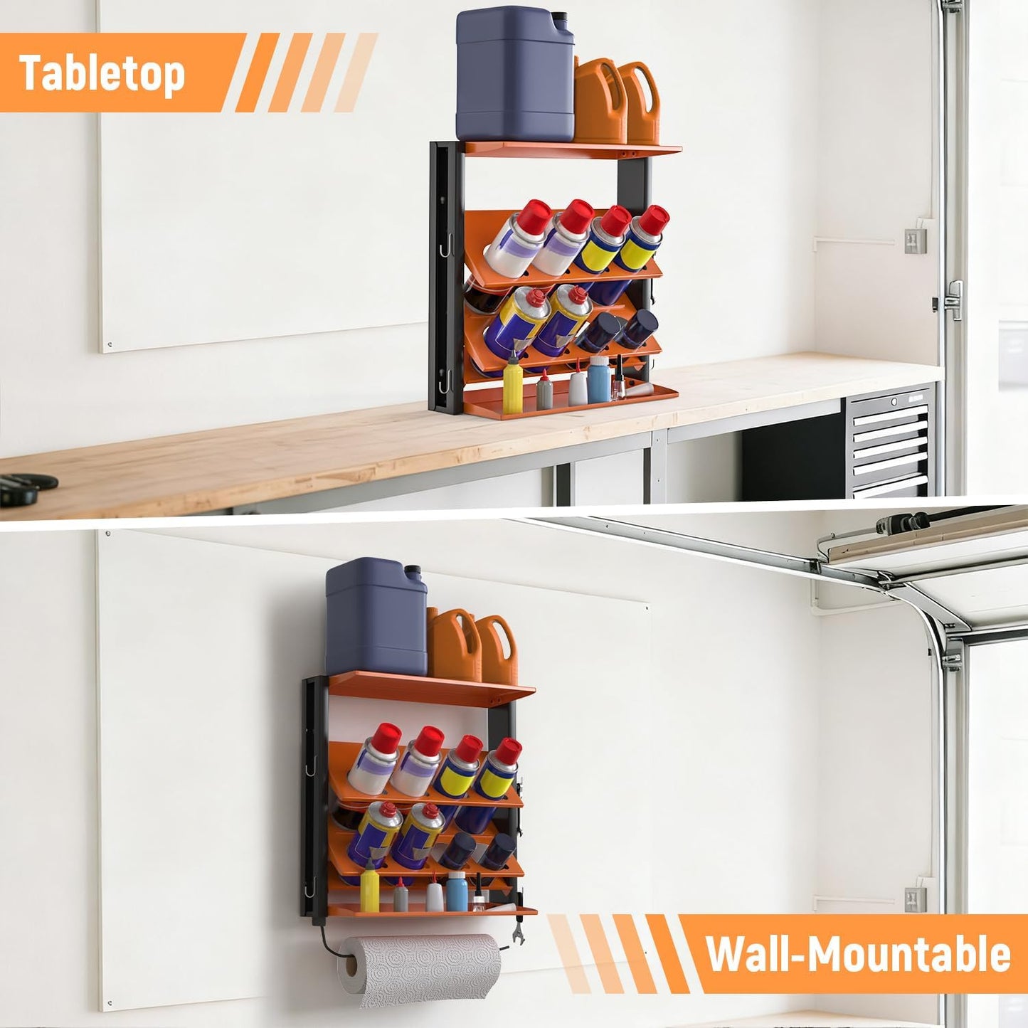 Spray Bottle Holder Wall-Mounted, Aerosol Spray Can Holder, Heavy Duty Paint Bottle Organizer with 8 Can Holes 80 LBS, Utility Storage Rack with Paper Towel Holder for Garage, Shop or Tool Trailer