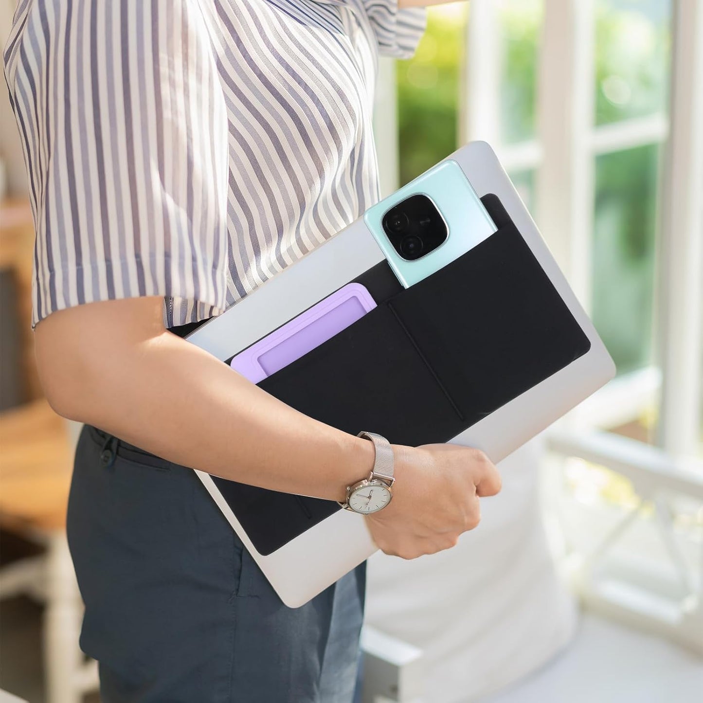 3-Pocket Mouse Holder for Laptop Stick on, Portable External Hard Drive SSD Holder Adhesive Storage Sleeve Laptop Organizer for Mouse HDD SSD Cables Computer Accessories