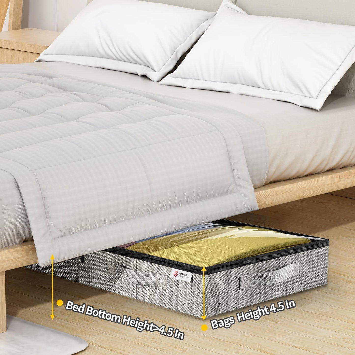 4.5 Inches Under Bed Storage Containers with Sturdy Sidewalls/Bottom and Reinforced Handles,Low Profile Underbed Storage for Clothes,Shoes,Pillows and Blankets with Zips and Clear Windows,2 Pack