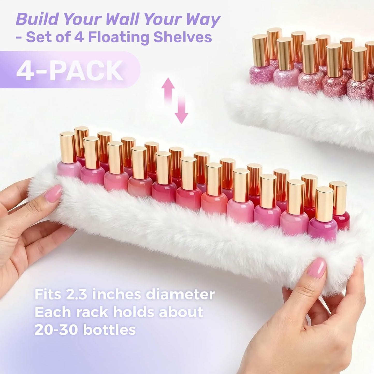 Care&More YJ 15 Inch Nail Polish Shelves, 4-Pack Fluffy Nail Polish Rack for Storing Nail Bottles, Sunglasses, Essential Oils, Plush Soft White