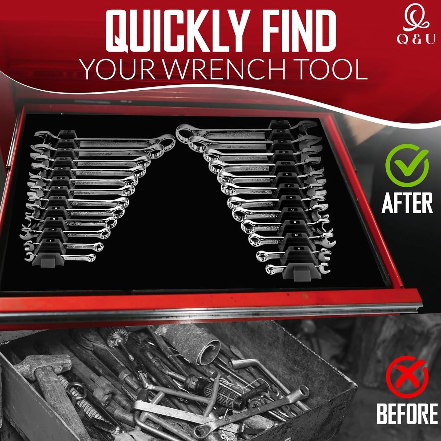 Q&U Wrench Organizer Modular System – 48 PCS Magnetic Wrench Organizer for Tool Box Drawer, Modular Wrench Organizer and Wrench Storage Rack, Heavy Duty Wrench Holder